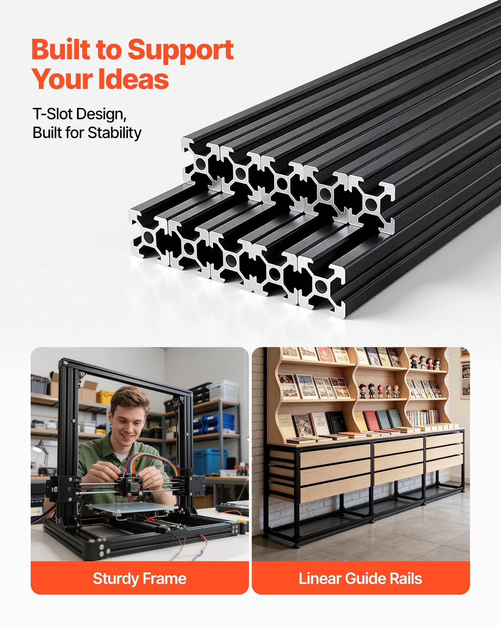 【FathersDayGift】 VEVOR 10PCS 2020 Aluminum Extrusion Profile, 23.62 Inch 600 mm, T Slot European Standard Anodized Linear Rail, High-Strength Extruded Aluminum Rail, for 3D Printer Parts and CNC DIY Workbench, Black