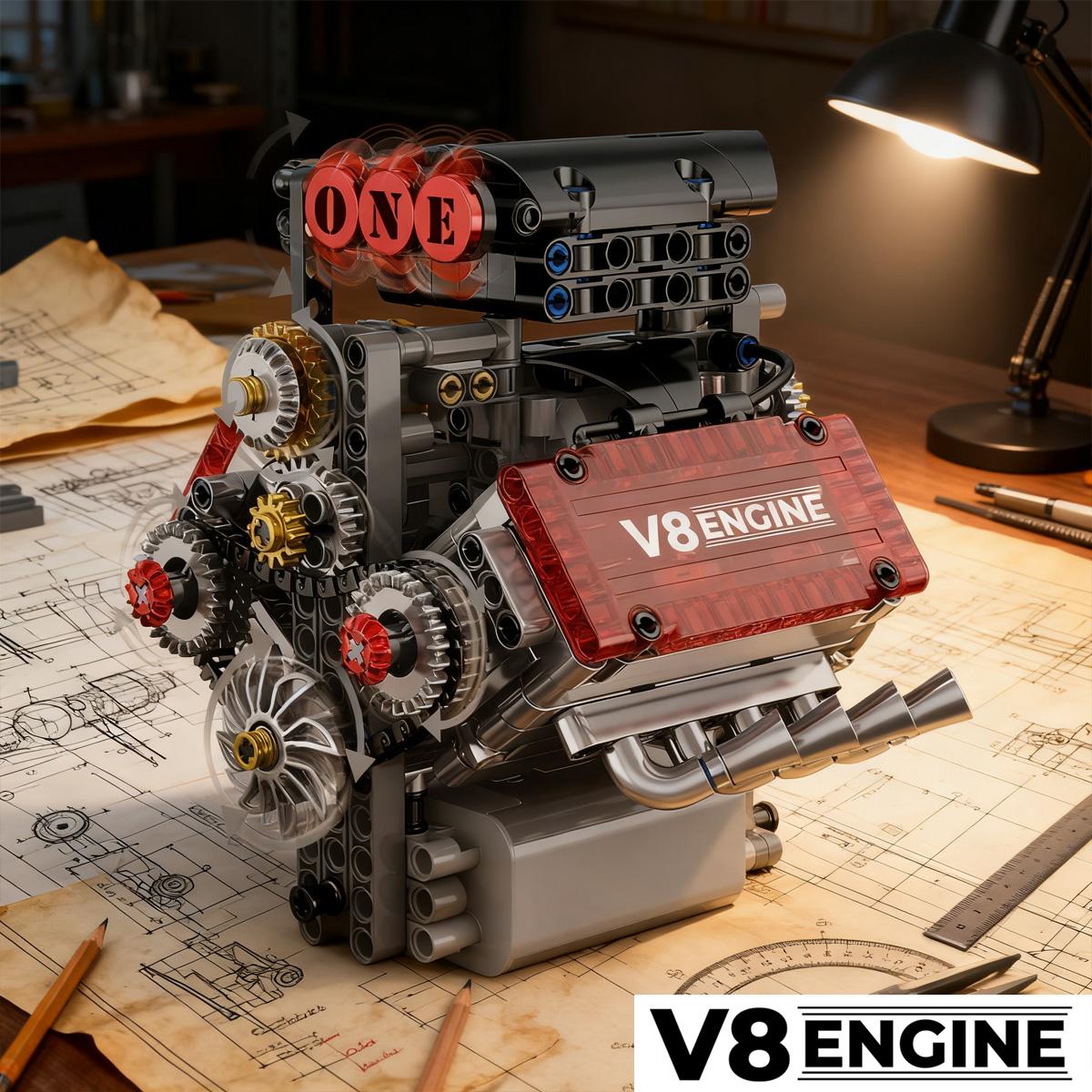 Super Car V8 Engine Building Block Set, Detailed Simulation Car Engine Model Display Piece, Multi-Link Realistic Design, Durable Abs Material, Model Car Kit