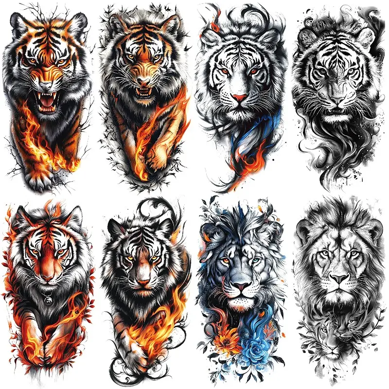 8 Pcs Cool Tribal Lion Tiger Tattoo Stickers, Waterproof Realistic Design, Adult Hand Leg Tattoos, Party Decor, Flame Style, Fake Tattoos