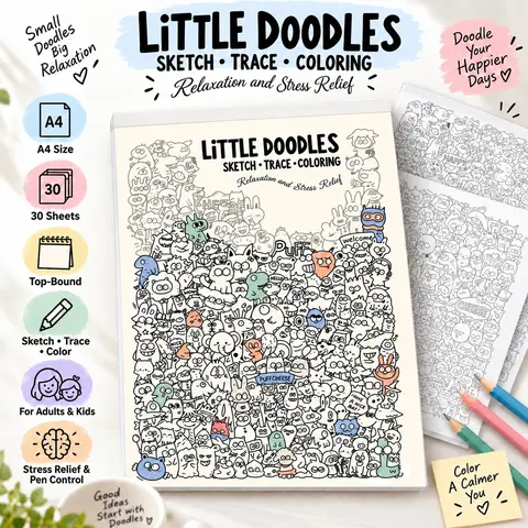 A4 Adult Kids Stress Relief Coloring Book, 30 Sheets Spiral Bound, Line Drawing & Coloring Combo, Creative Art Practice Notebook