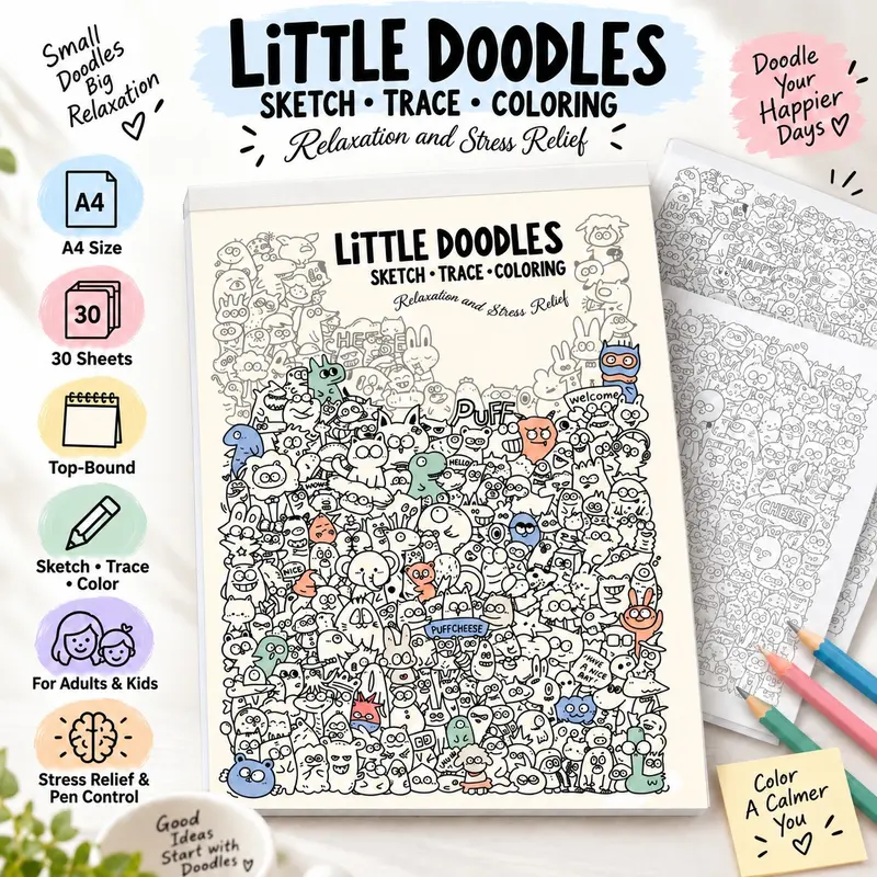 A4 Adult Kids Stress Relief Coloring Book, 30 Sheets Spiral Bound, Line Drawing & Coloring Combo, Creative Art Practice Notebook