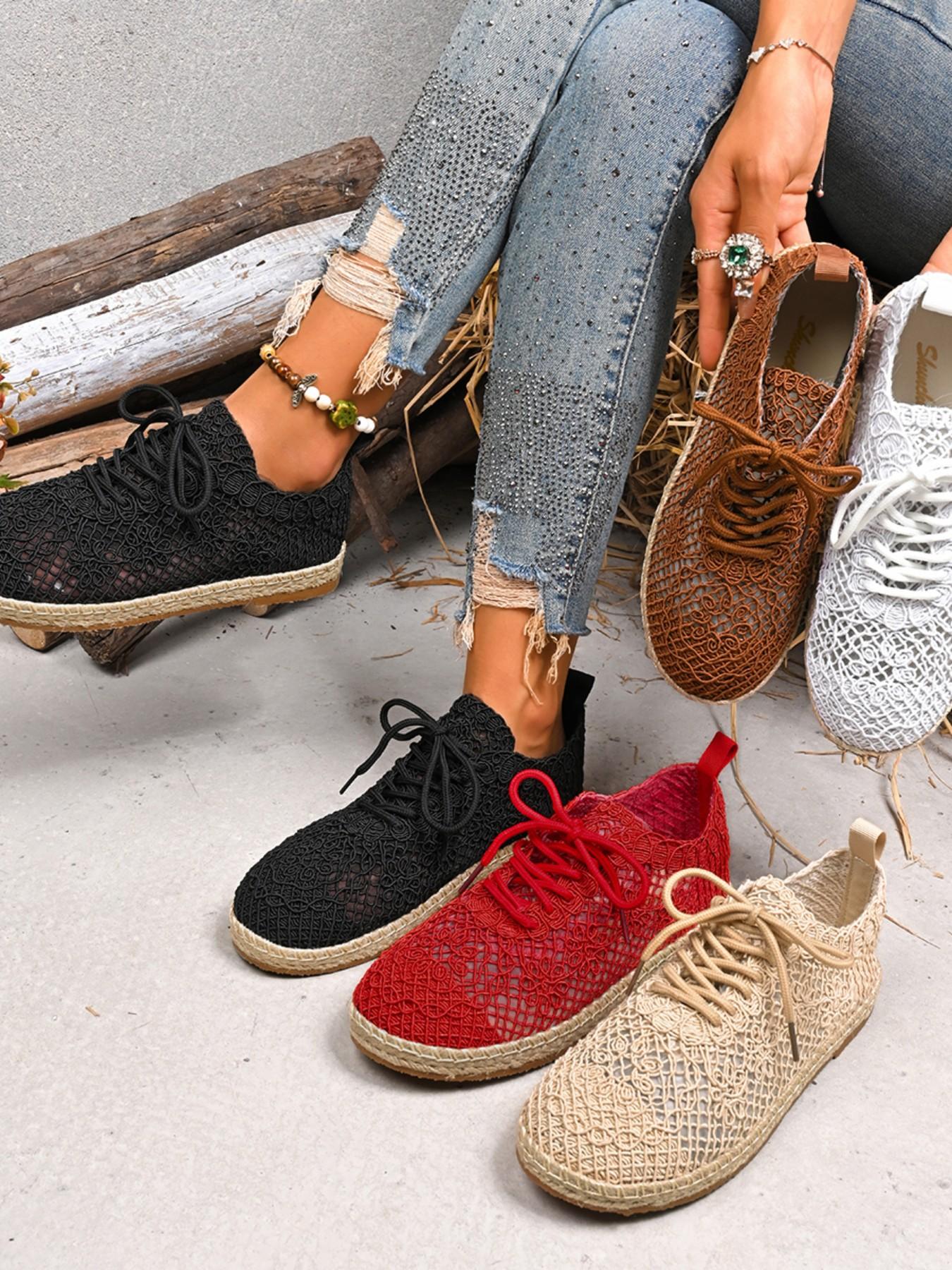 Women's Summer Crochet Sneakers, Casual Breathable Mesh Shoes, Handmade Hooked Knit, Round Toe, Low Ankle, Random Print, Fashion Trendy