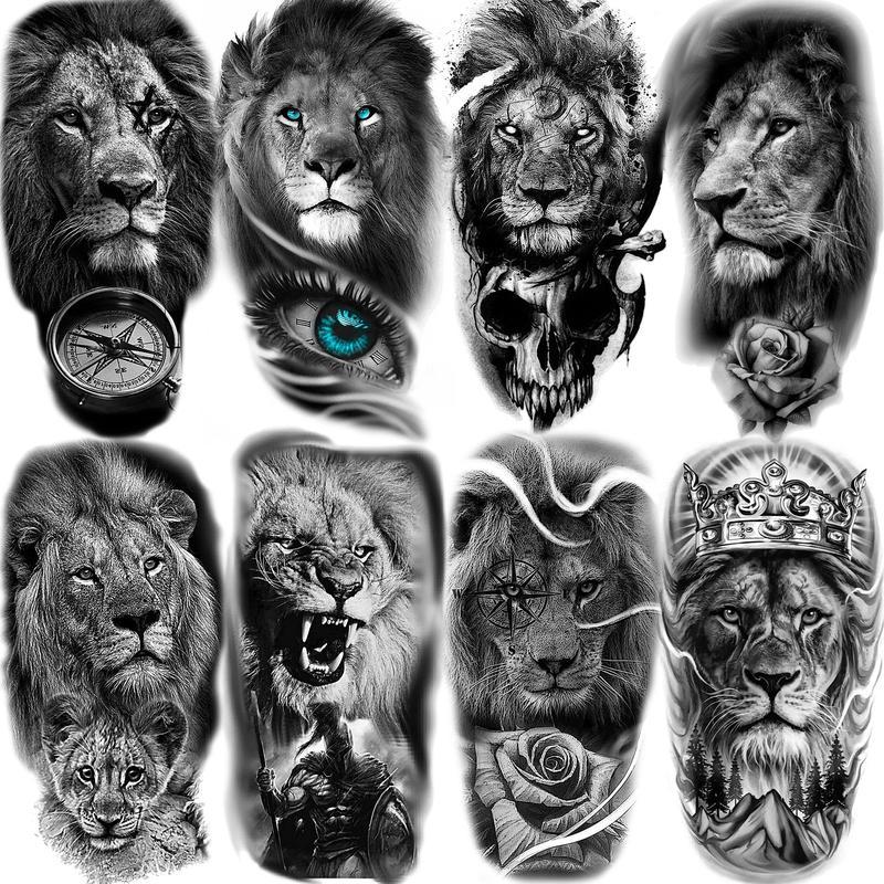 8pcs Half Arm Sleeve Skull & Rose,Animal Pattern Temporary Tattoo Sticker,Body Art Sticker For Women & Men