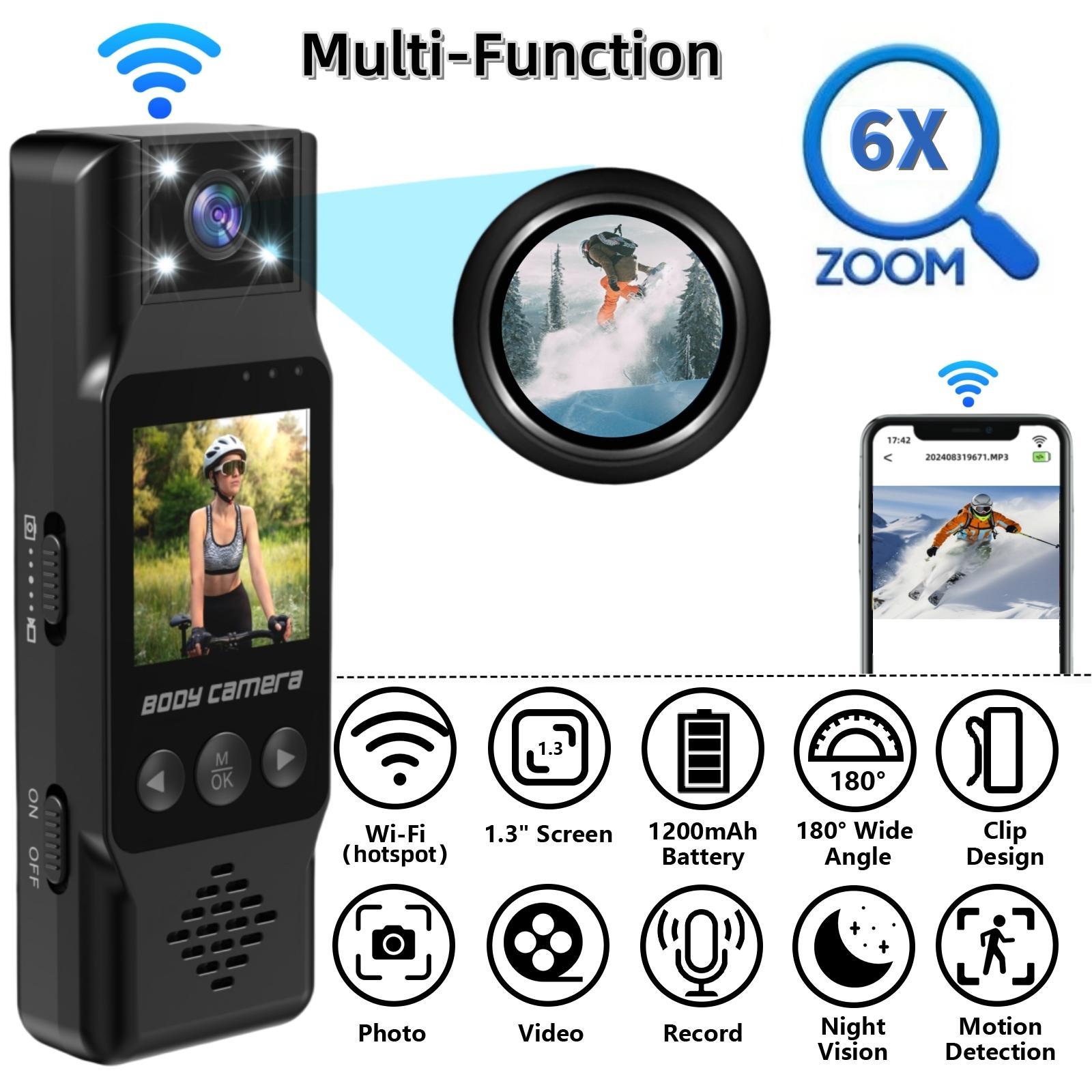 1080P Portable Sports Camera, Wearable Action Camera with 1.3'' LCD Display & 180 Degree Rotation Lens, Wireless WiFi Hotspot Body Cam for Outdoor Sport, Video Recording Camera