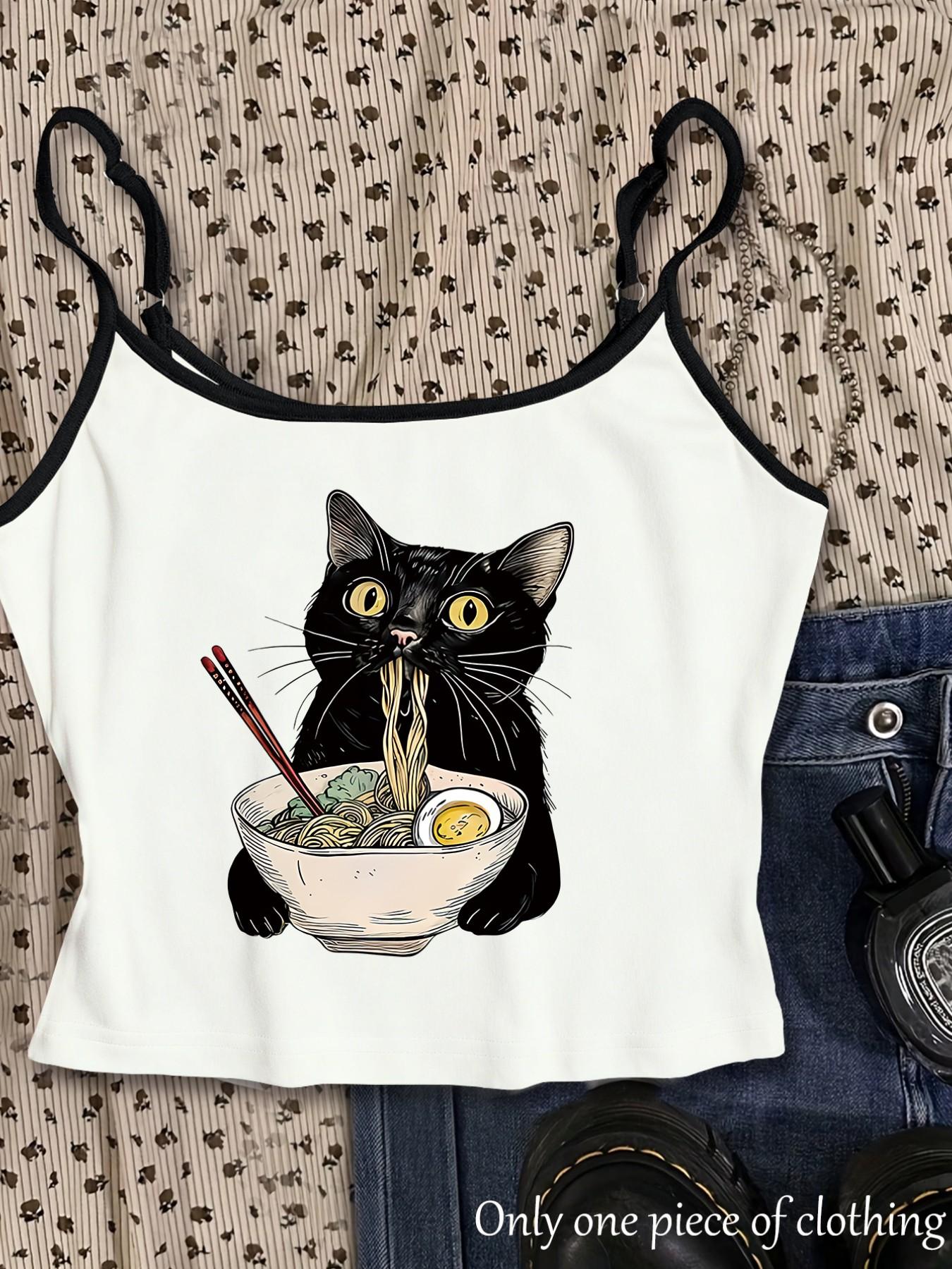Y2K Gothic Style Cat Print Crop Top, Adjustable Straps, Slim Fit, Sleeveless, Streetwear, Summer New Arrival, Daily Wear, Office