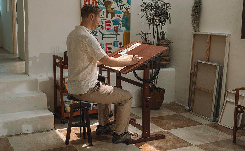MEEDEN Wood Drafting Table,Artist Drawing Table with Height Adjustable & Tilting Large Surface Tabletop,Studio Painting Table,Art Craft Desk for Writing,Reading,Working Desk,Walnut Color MEEDEN Wood Drafting Table,Artist Drawing Table with Height Adjustable & Tilting Large Surface Tabletop,Studio Painting Table,Art Craft Desk for Writing,Reading,Working Desk,Walnut Color