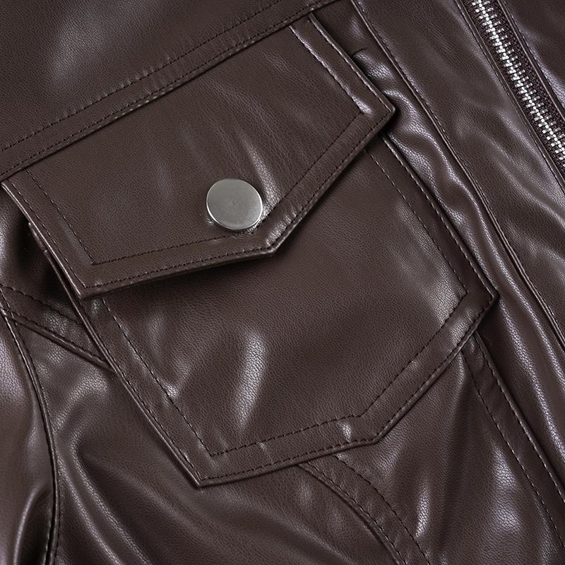 Women's High Neck Zipper Leather Jacket, Long Sleeve Loose Fit Coat, Fall & Winter Street Style Motorcycle Windbreaker