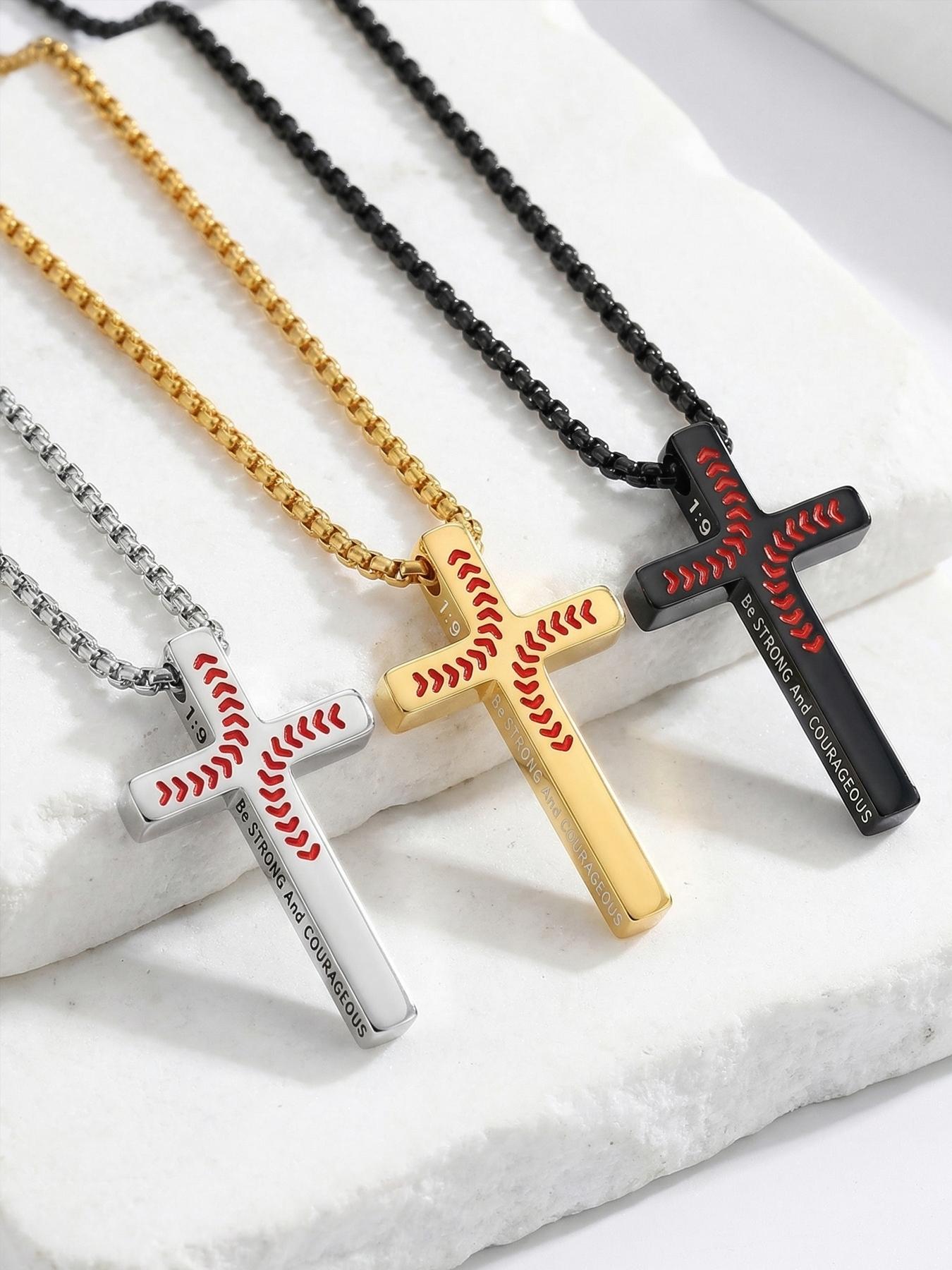 Cross Necklace with Bible 1:9 Verse Cross Pendant, 316L Stainless Steel Chain / Religious Gift for Boys and Men / Fade-Resistant / Baseball / Festival / Party / Ideal Gift