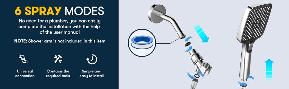 High Pressure Multi-Mode Handheld Showerhead - Anti-clogging nozzles, built-in power wash function for cleaning tubs, tiles and pets, extra-long stainless steel hose, wall and ceiling mounts.