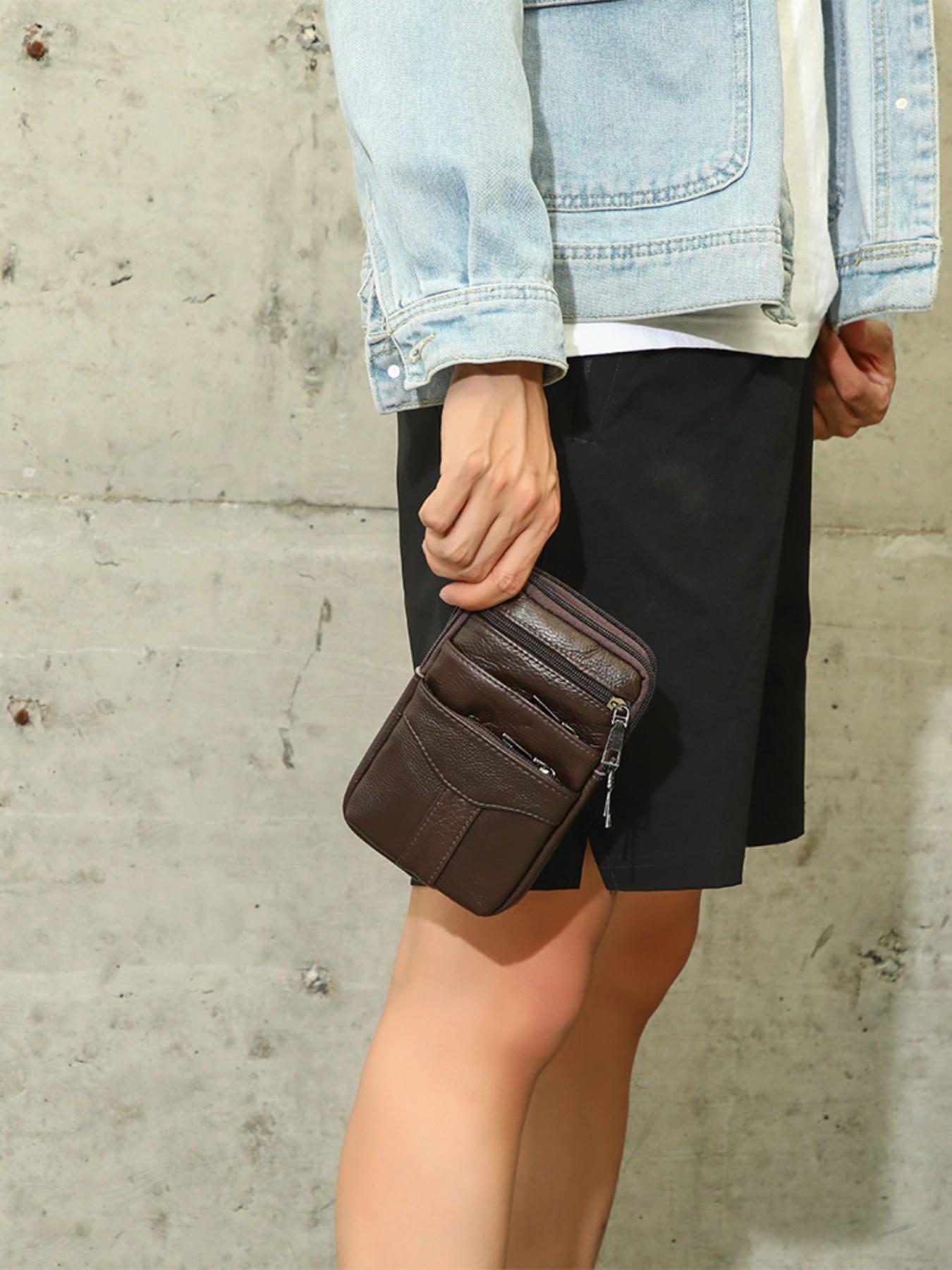 Men's Genuine Leather Phone Waist Bag, Waist Pack, Multi-Zipper Crossbody Belt Pouch, Crossbody Belt Bags, Large Capacity Casual Shoulder Bag, All Seasons Fashion Accessory, Cowhide Belt Bag