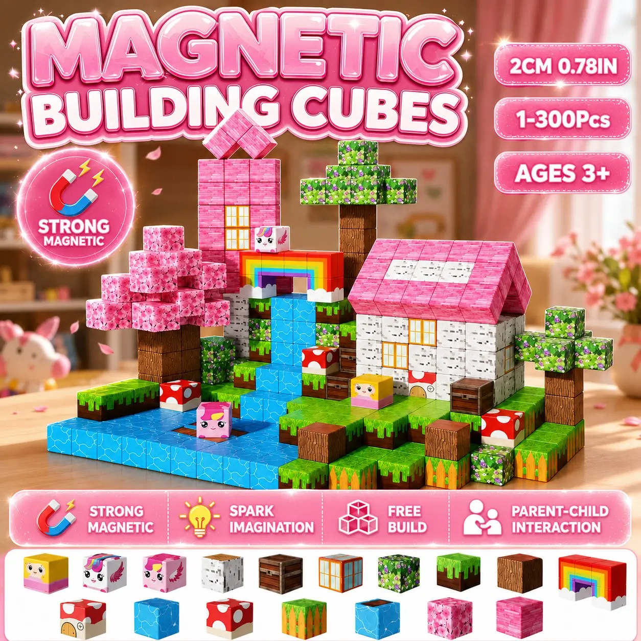 100-300pcs Magnetic Building Blocks Toy, Unicorn Horse DIY Cube Stem Sensory Playset, Perfect Gift for Kids Ages 3-10, Christmas Birthday Halloween