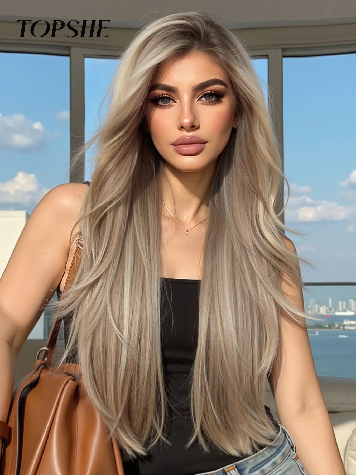 Topshe Full Lace Wig 28 Inches Long Ash Blonde Gradient Wavy Hair, Deep Root Center Part, No Glue Quick Wear, Natural Look for Women