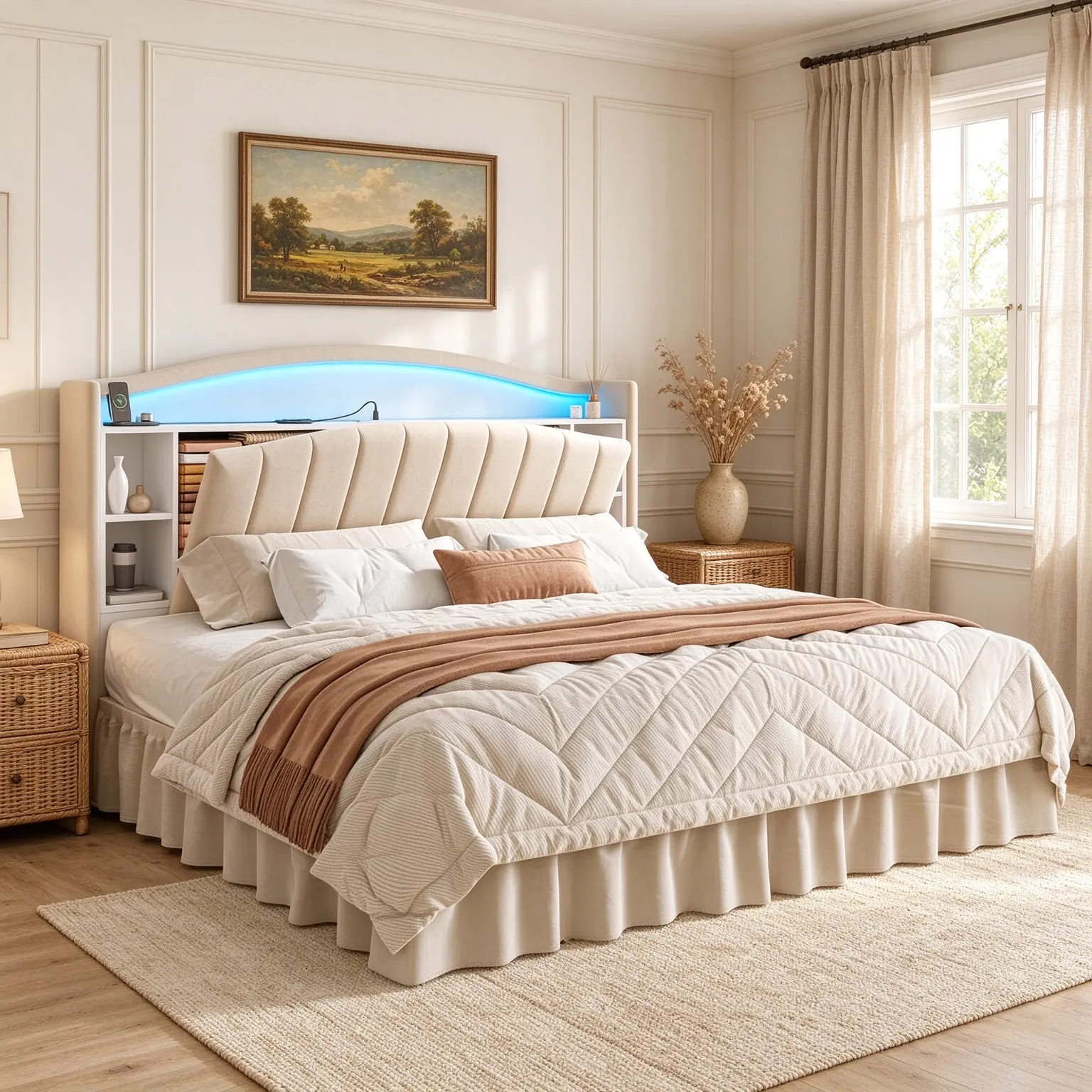 Bed Frame With Bookcase Headboard & Hidden-Cubby Platform Bed Frame With Bed Skirt Design, LED Lights & Charging Station, 14-Inch Under Bed Storage, Noise-Free, Beige luxury bedroom furniture unique metal