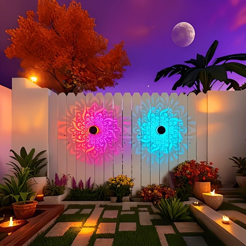 2-Pack Solar Mandala Projector Wall Lights, Waterproof Metal Fence Light, Outdoor Decor for Garden, Patio, Backyard, Courtyard, Outdoor Decorative Lights, Patio Lighting, Solar Powered Lighting