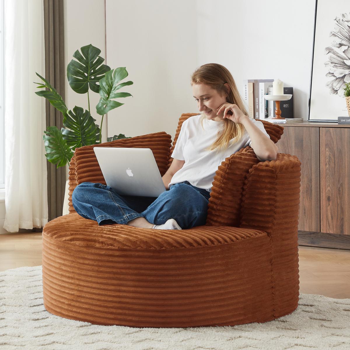 Compressible Corduroy Round Chair with Cushioned Backrest - Modern Comfort Seating for Living Room,Office,Apartment(no swivel)