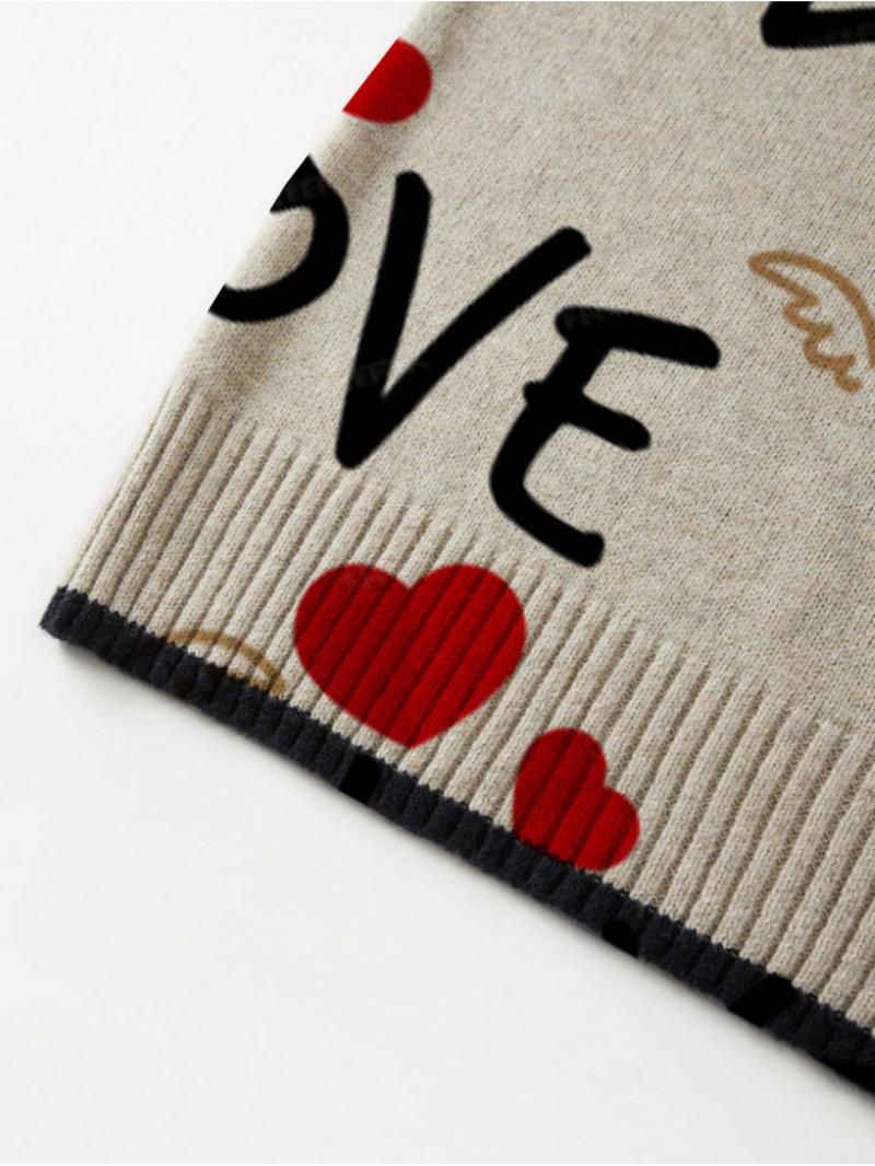 Heart and Letter Print Round Neck Sweater, Casual Short Sleeve Knitwear for Spring, Summer and Fall, Comfortable Warm Women's Clothing