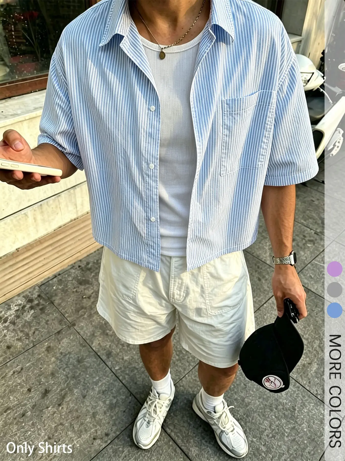 Mens Vertical‑Stripe Mid‑Sleeve Casual Shirt, Oversized Chest Pocket Cropped Top, Y2K Aesthetic For Street Style & Vacation Outfit