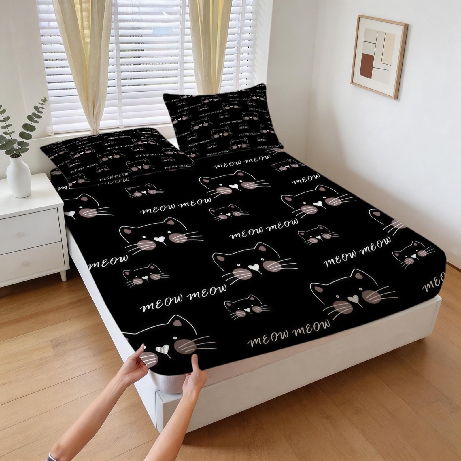 3 Piece Cute Cartoon Cat Fitted Sheet Set, 1 Fitted Sheet + 2 Pillowcases, Soft Skin-Friendly Kawaii Cat Meow Print Bedding, Ideal Gift for Cat Lovers Women Girls Teens Kids