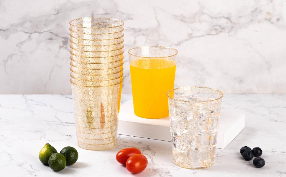 GOODLUCK 100PCS 14oz Glitter Plastic Cups for Party Disposable Gold Plastic Cups Crystal Clear Cocktail Glasses Perfect for Wedding Birthday Events and Parties