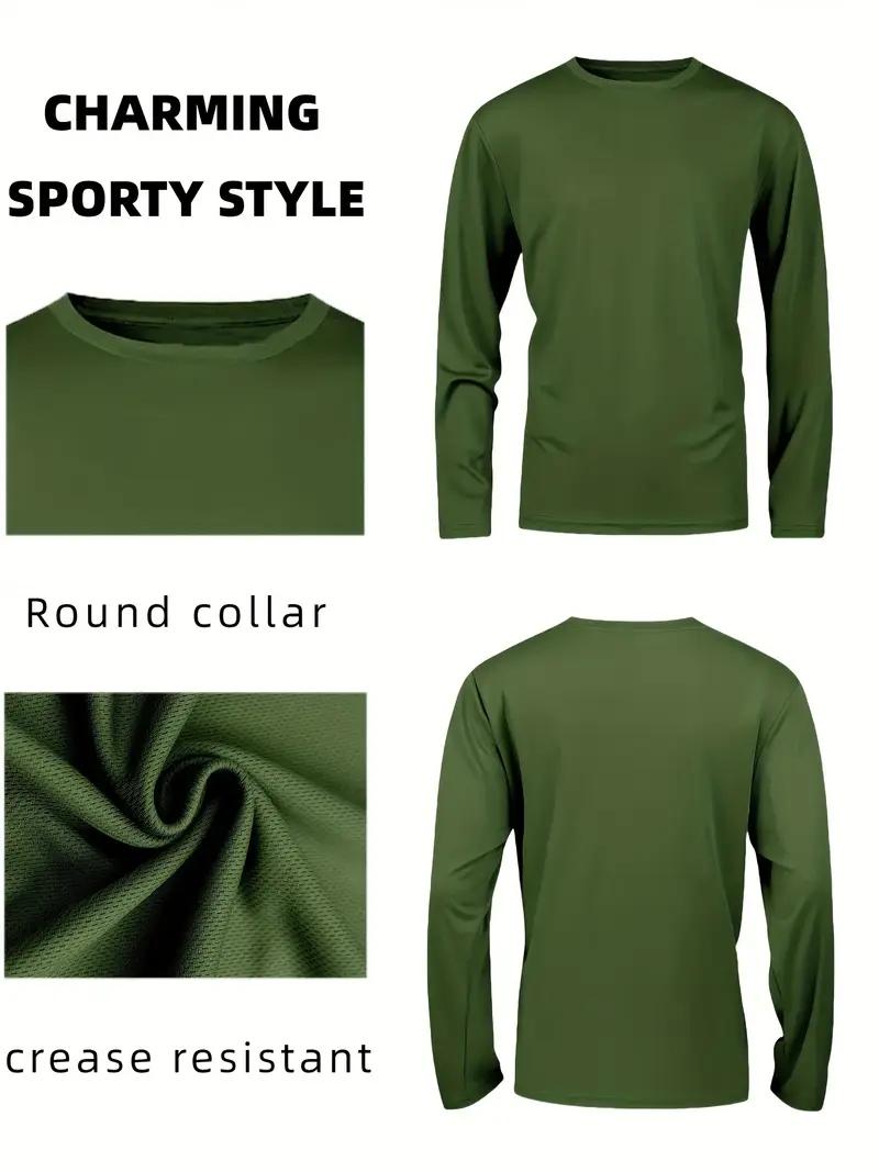 5 Piece Men's Quick Dry Long Sleeve Shirt - Moisturewicking, breathable polyester, crew neck, Outdoorfun,solid color casualsportswear, machine washable, moisture wicking garmentsCrew Neck T-Shirt |     Stretchable Material Fathersdaygift