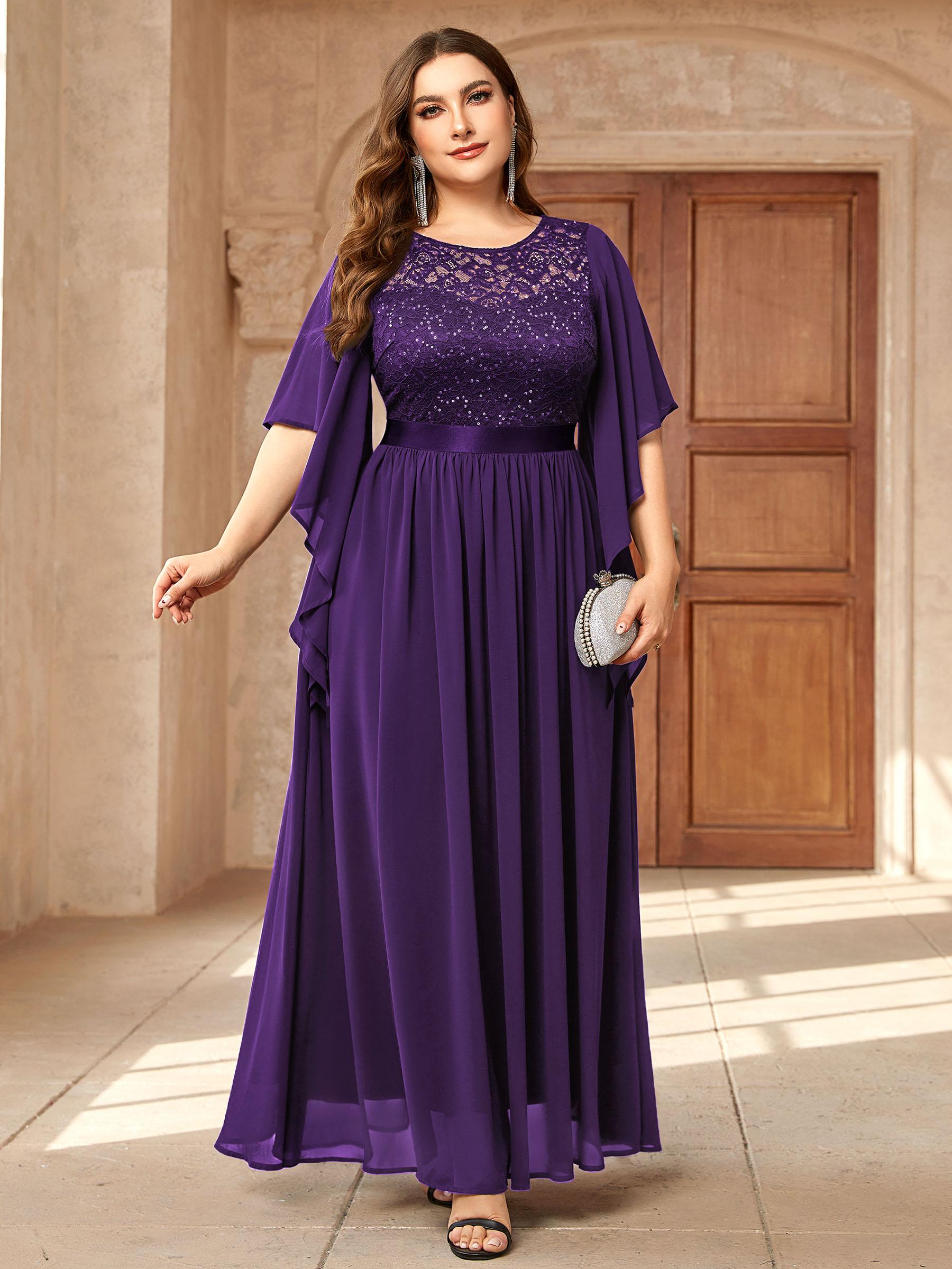 Miusol P83099 Plus Size Women's Sequin Floral Lace Chiffon Flare Sleeve Formal Dress Elegant Evening Gown All Seasons Party dress,Evening dress Normal Type  Womenswear Maxi Dress SpringStatements