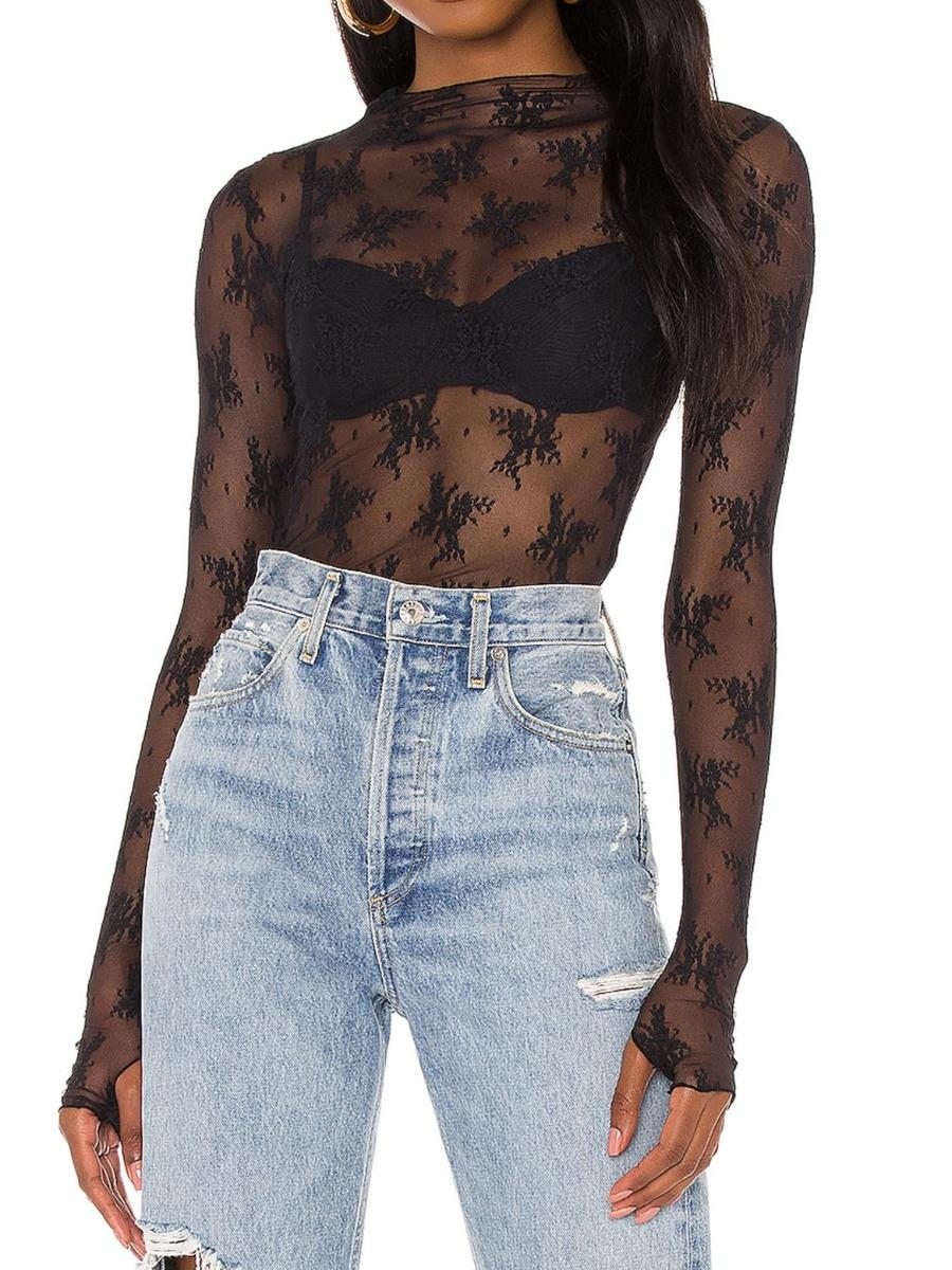 Women's Floral Layering Lace Tops With Thumb Hole, Mesh See Through Slim Shirt All Seasons, Micro Elasticity Long Sleeve Mock Neck Sxy Style