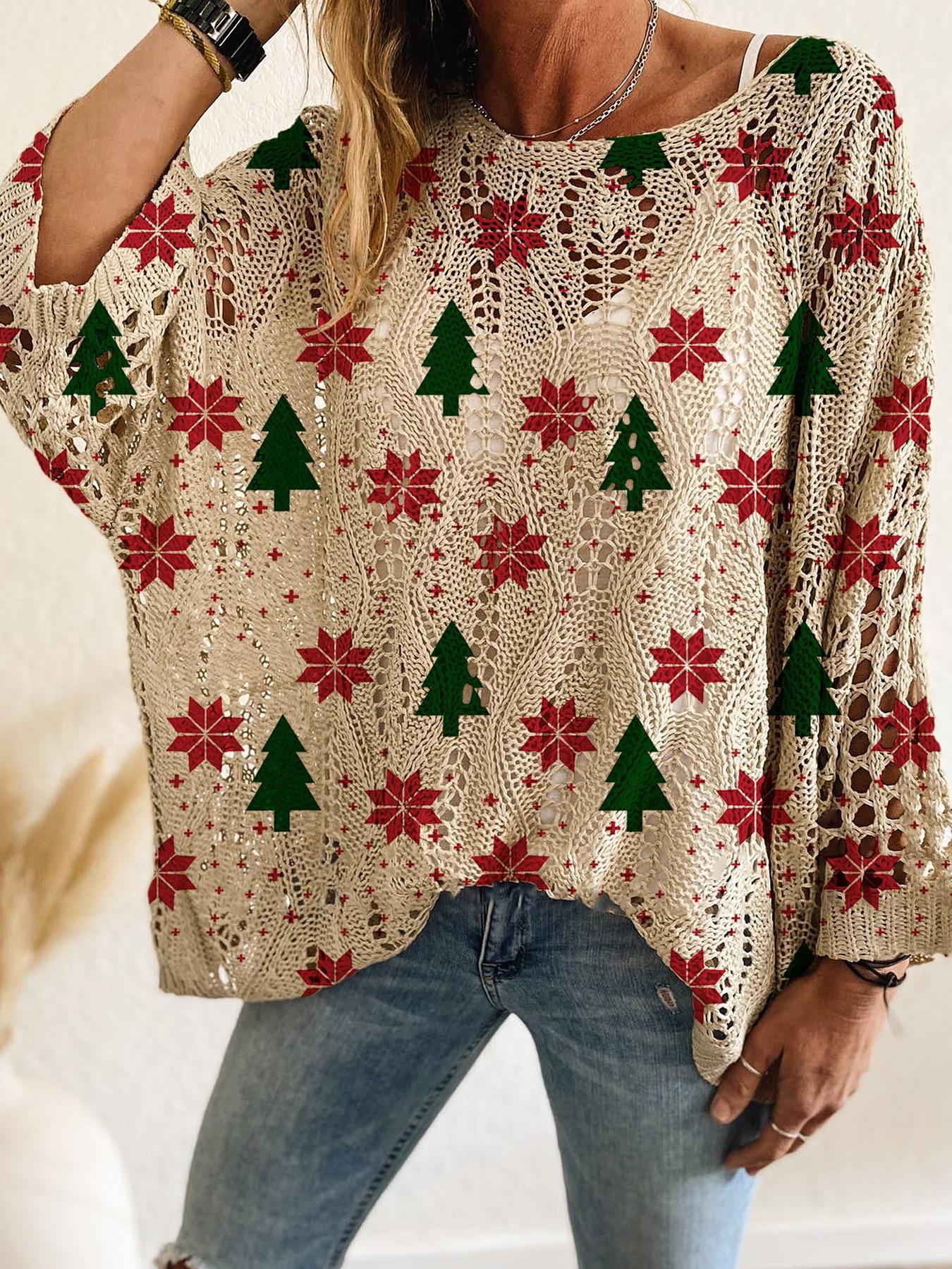 Women's Halloween Pumpkin Print Long Sleeve Knit Top, Casual Elegant Flowy Vacation Style, Loose Fit Batwing Shoulder, Spring Summer Fall Wear