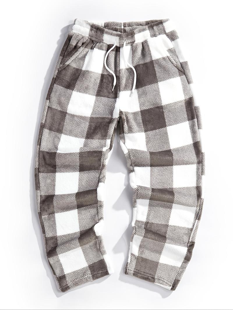 Unisex Plaid Fleece Print Drawstring Pants, Casual Daily Wear, Winter Warm Sleepwear, Christmas Gift, Long Pants