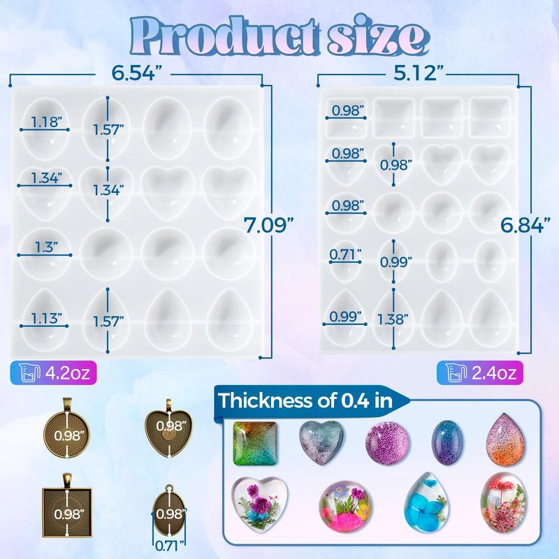 Cabochon Gems Resin Molds, 36 Cavities Thicker&Shiny UV Resin Molds Jewelry with 16 pcs Pendant Trays, Epoxy Molds for Beginner, jewelry making kits for Pendant,Earrings,Necklace,Keychains - LET'S RESIN