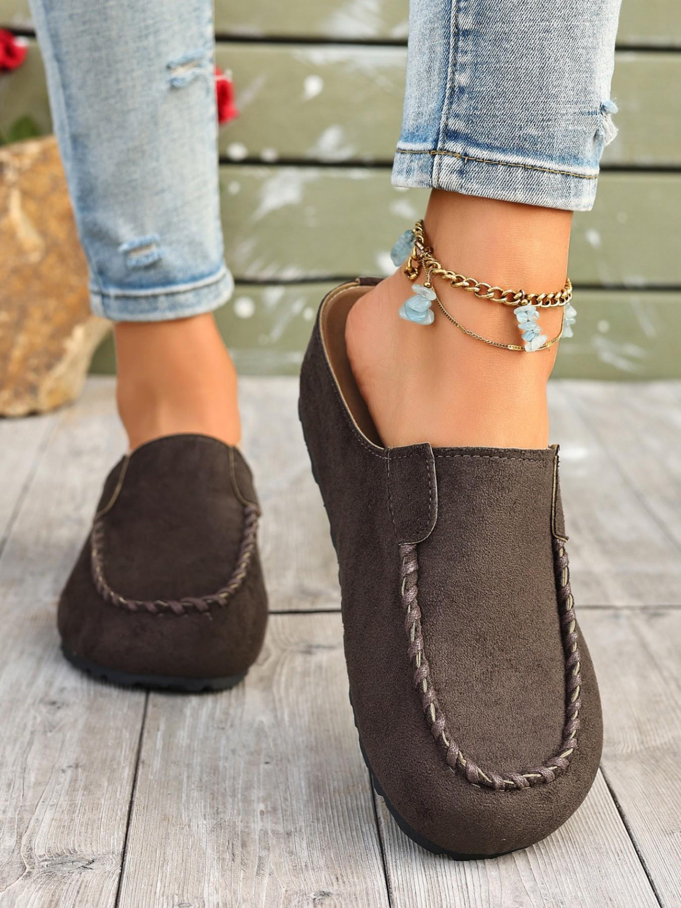 Women Faux Suede Slip On Mule Flats Hand Stitched Trim Closed Toe Backless Loafers Casual Walking Slide Shoes Casual Mules