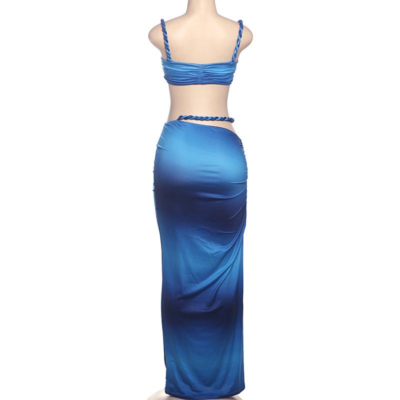 DOUCIU Multicolor Summer Beach Vacation Cool Light Sexy Hot Thin Women's Twisted Spaghetti Strap Vest Skirt Two-Piece Set, Lady Clothes, Plain Skirt Set