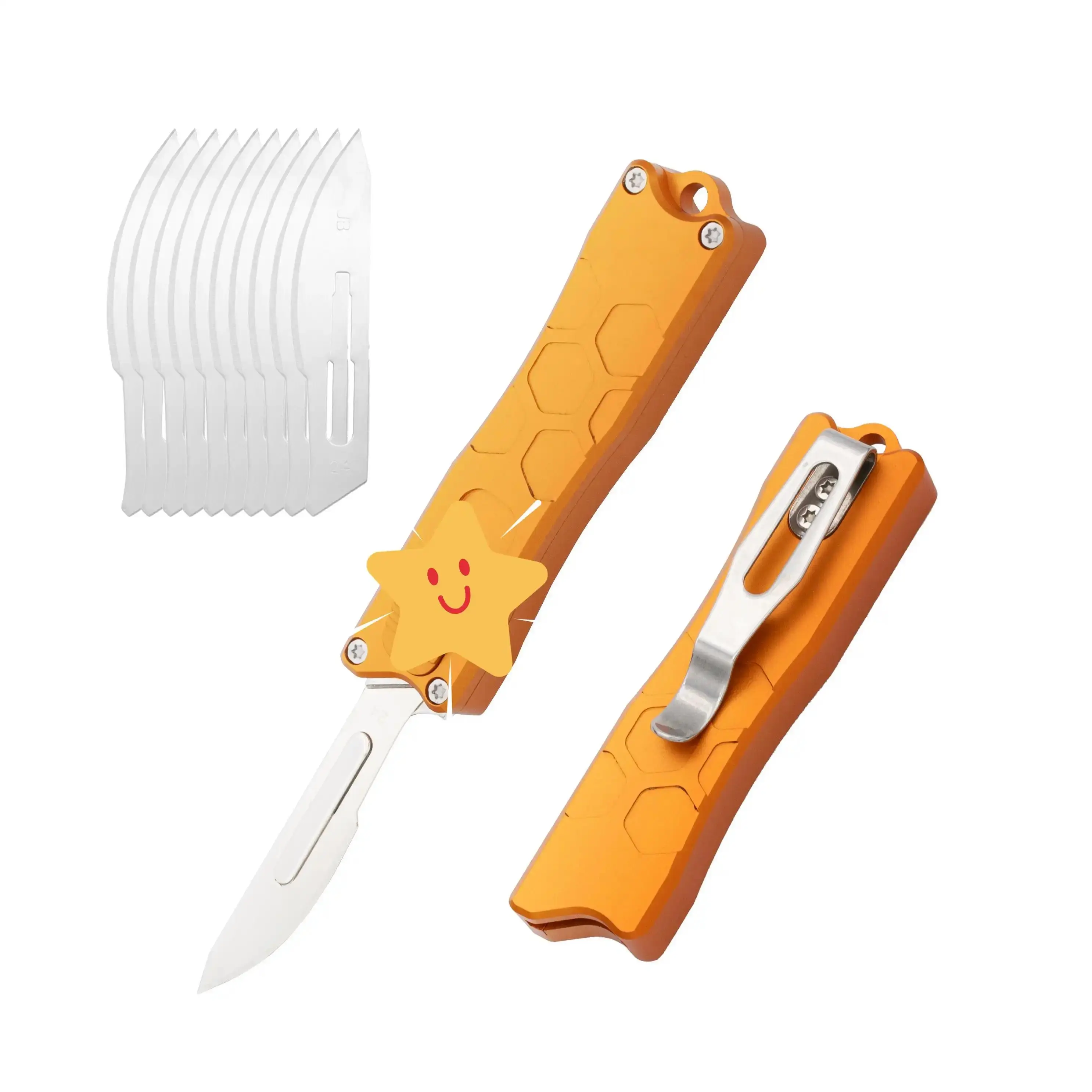 Orange Portable Utility Knife - Retractable with Clip, Sharp Surgical Carbon Steel# 24 Blade EDC Tool sharp surgical carbon steel, Retractable Blades, Stainless Steel