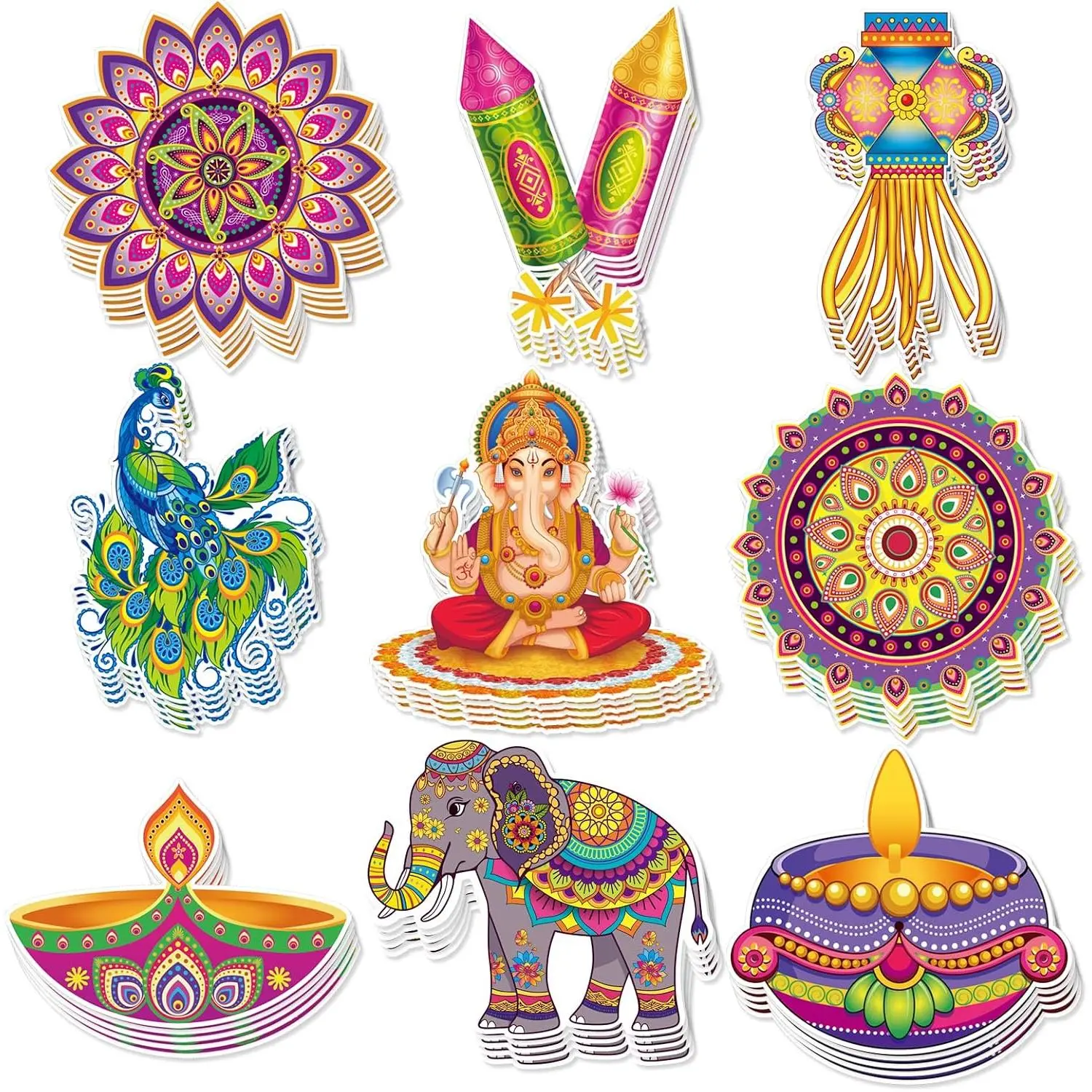 Diwali Paper Cutout Decorations for ,Diwali Decor with Rangoli Peacock Ganesh Diya Elephant for Rangoli Deepavali Party Decorations Supplies-45 Pcs