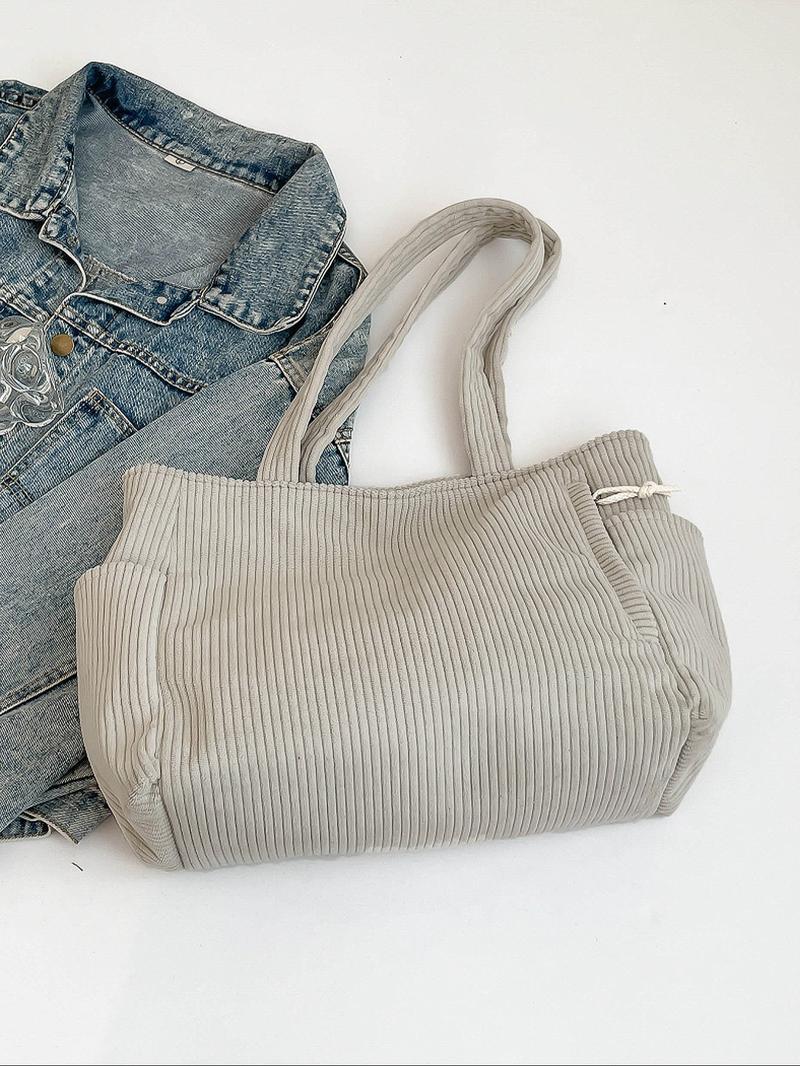 Women's Solid Color Corduroy Tote Bag, Fashionable Large Capacity Shoulder Bag for Work & Daily Used, Casual Trendy Versatile High-quality Daily Commuting Bag