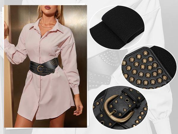 JASGOOD Women Vintage Wide Elastic Belt Studded Stretchy Waist Belt with Rivets Metal Buckle
