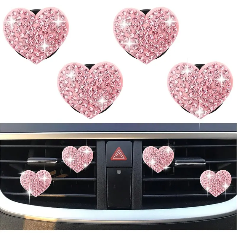 4PCS Heart-Shaped Car Vent Clips with Rhinestone,Bling Air Vent Clips Car Decorations,Premium Vehicle Accessories,Premium Shiny Car Clips for Vents CCar Accessories Interior for Cars,Trucks,SUVs, Auto Accessory (Pink)