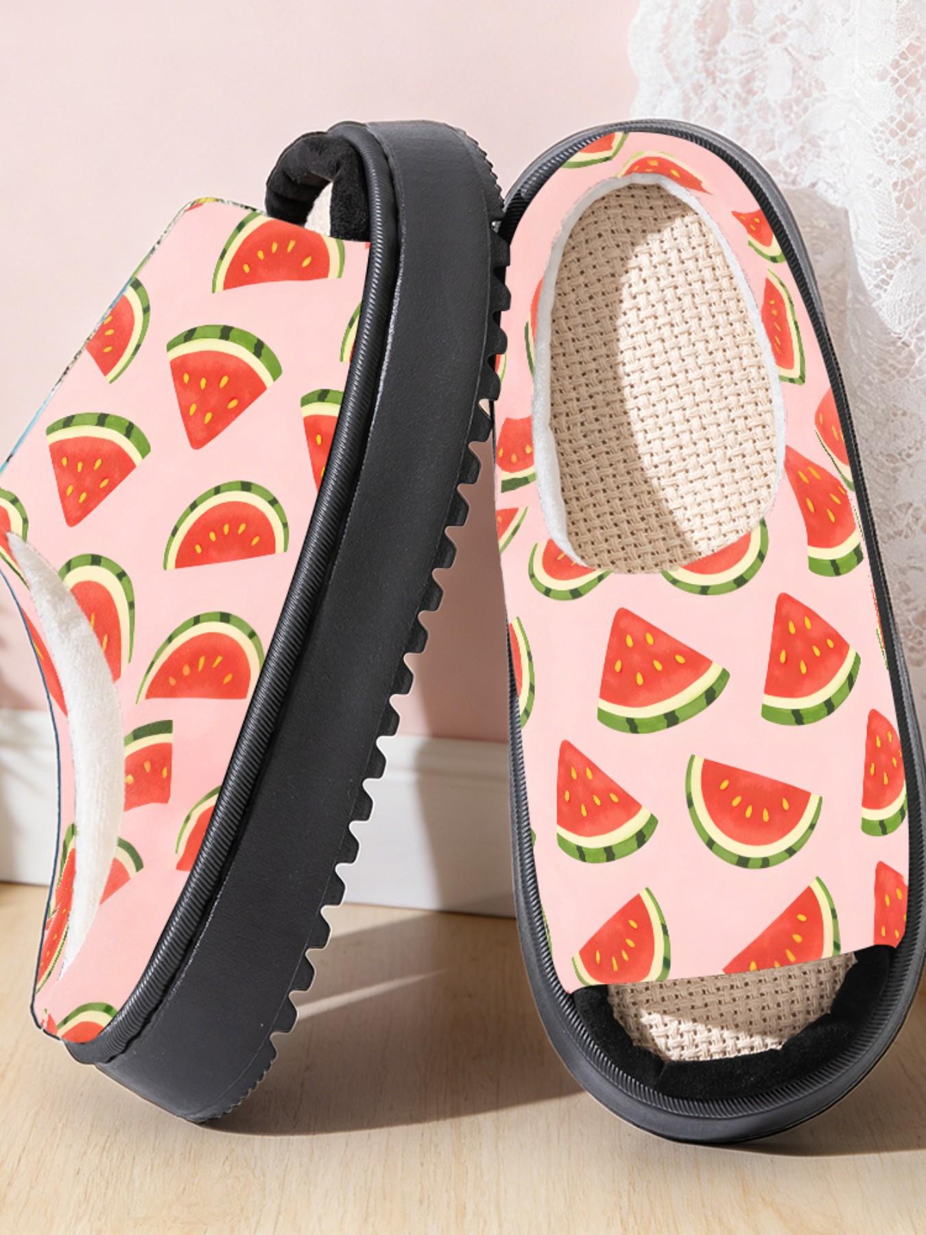 Cute Watermelon Slice Print Linen Open-Toe Sandals, Casual Textile Eva Sole, All-Season Less Than Ankle Height, Cartoon Pattern Design