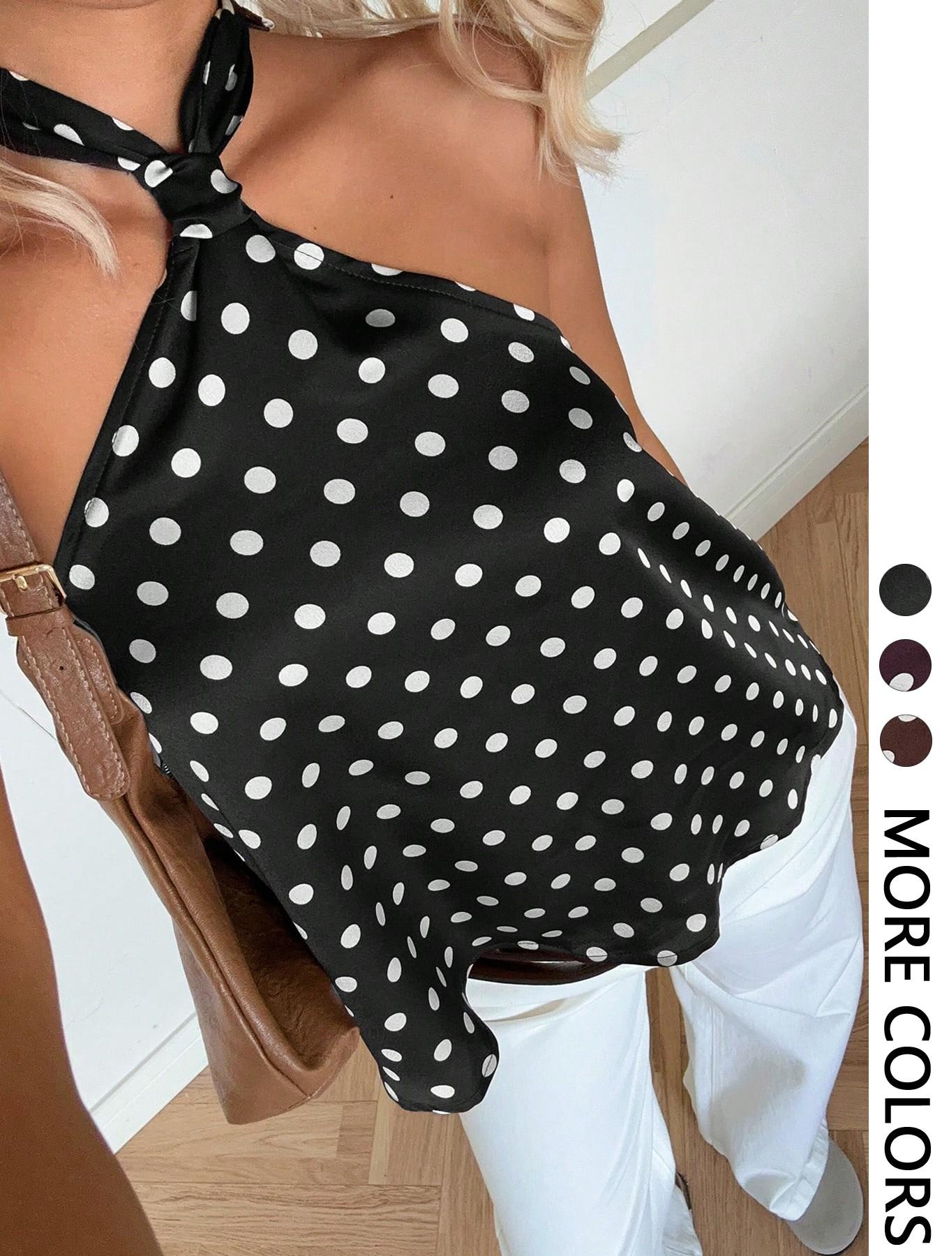 Women's Polka Dot Print Halter Top, Tie Back Closure, Twist Neck Detail, Multiple Color Options, Smooth Breathable Fabric, Casual Daily & Date Night Wear, Retro French Style