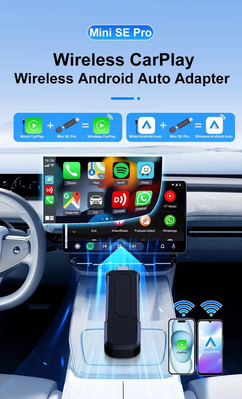 Wired to Wireless Carplay Adapter for Android Auto USB Connection, Seamless Car Integration for Modern Vehicles