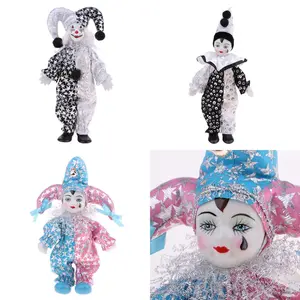 9 Inch Porcelain Smiling Clown Doll Wearing  Outfits Funny Harlequin Doll Circus Props Halloween Christmas Decoration Kids Gifts