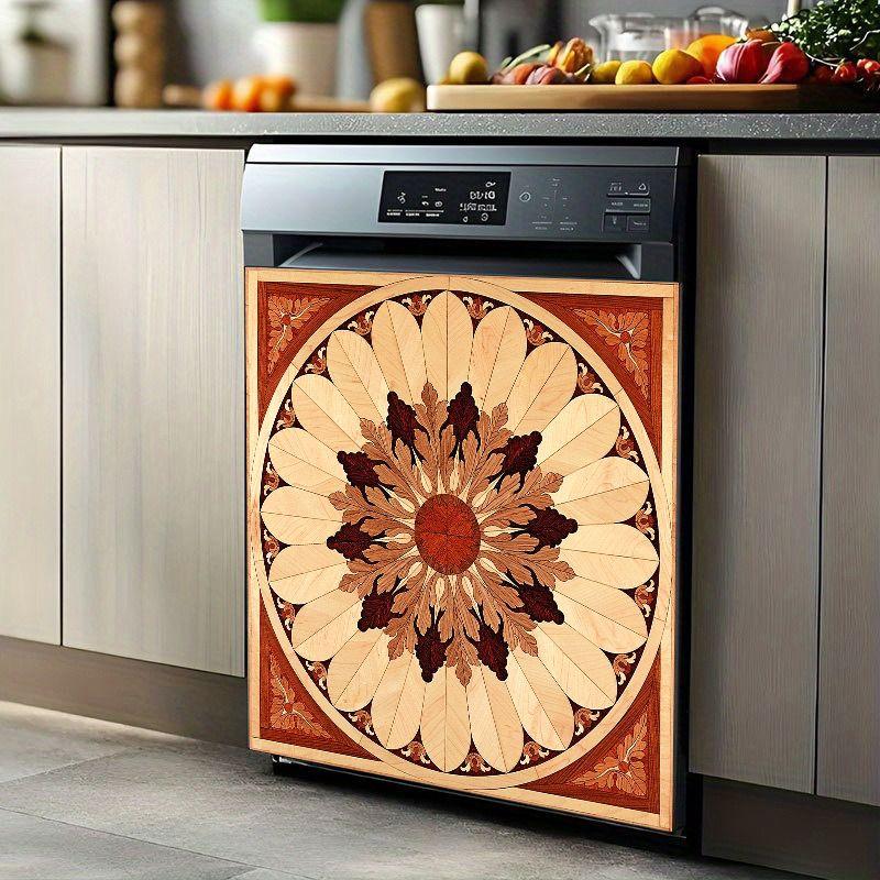 2D Flat 2Pcs Dishwasher Front Panel Cover Decal Sticker Wooden Mandala Sunburst Pattern Kitchen Appliance Decorative Stickers Waterproof PVC Home Decor for Refrigerator Washing Machine Furniture Makeover Boho Rustic Style