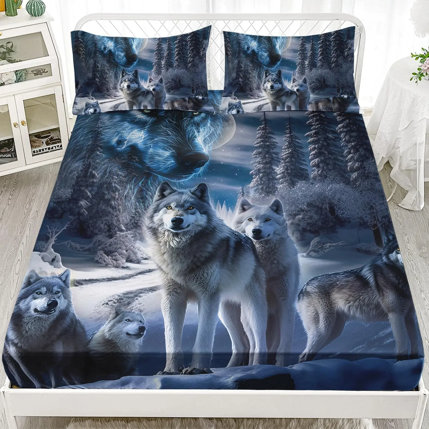 Snow Wolf Fitted Sheet Set Queen Size, 3D Wolves Bed Sheet Set for Teens Boys, Safari Animals Pattern 3 Pieces with 1 Fitted Sheet and 2 Pillowcases