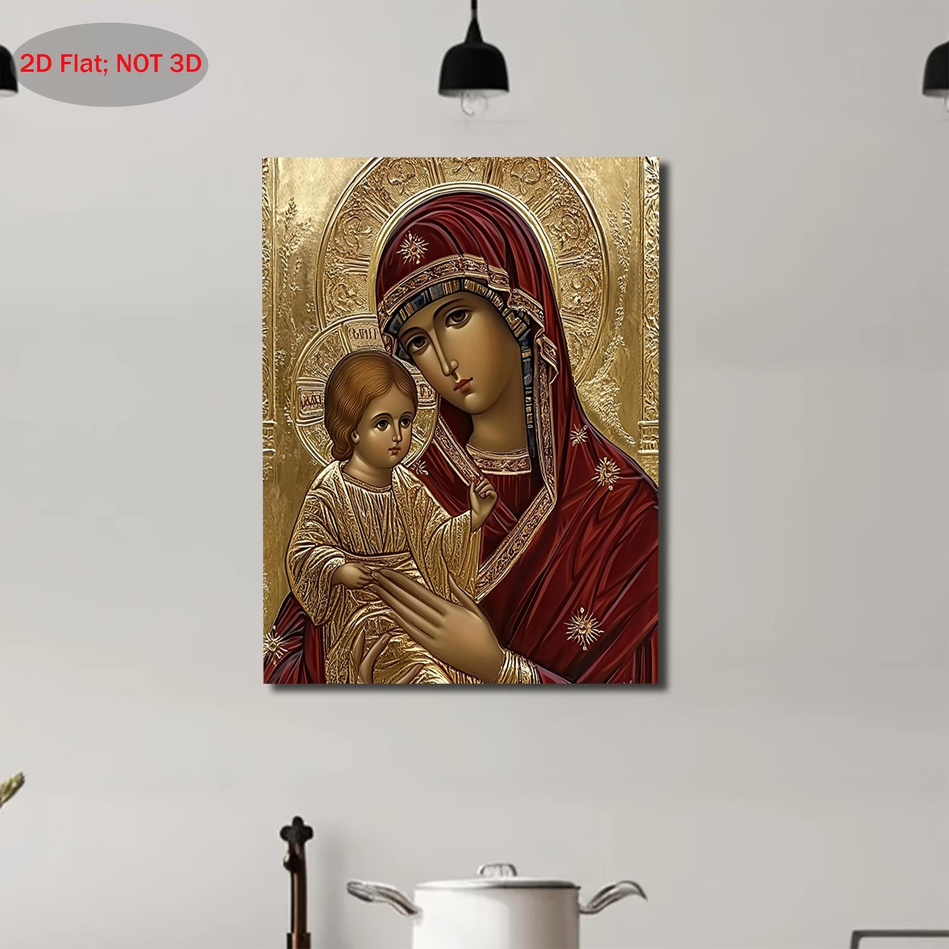 2D flat design, one Byzantine Russian Orthodox image of the Virgin Mary and Infant Christ - traditional Oriental religious art, gold background, red robe, canvas oil painting - wooden frame, home/church decoration - a spiritual gift for Christmas, Easter,