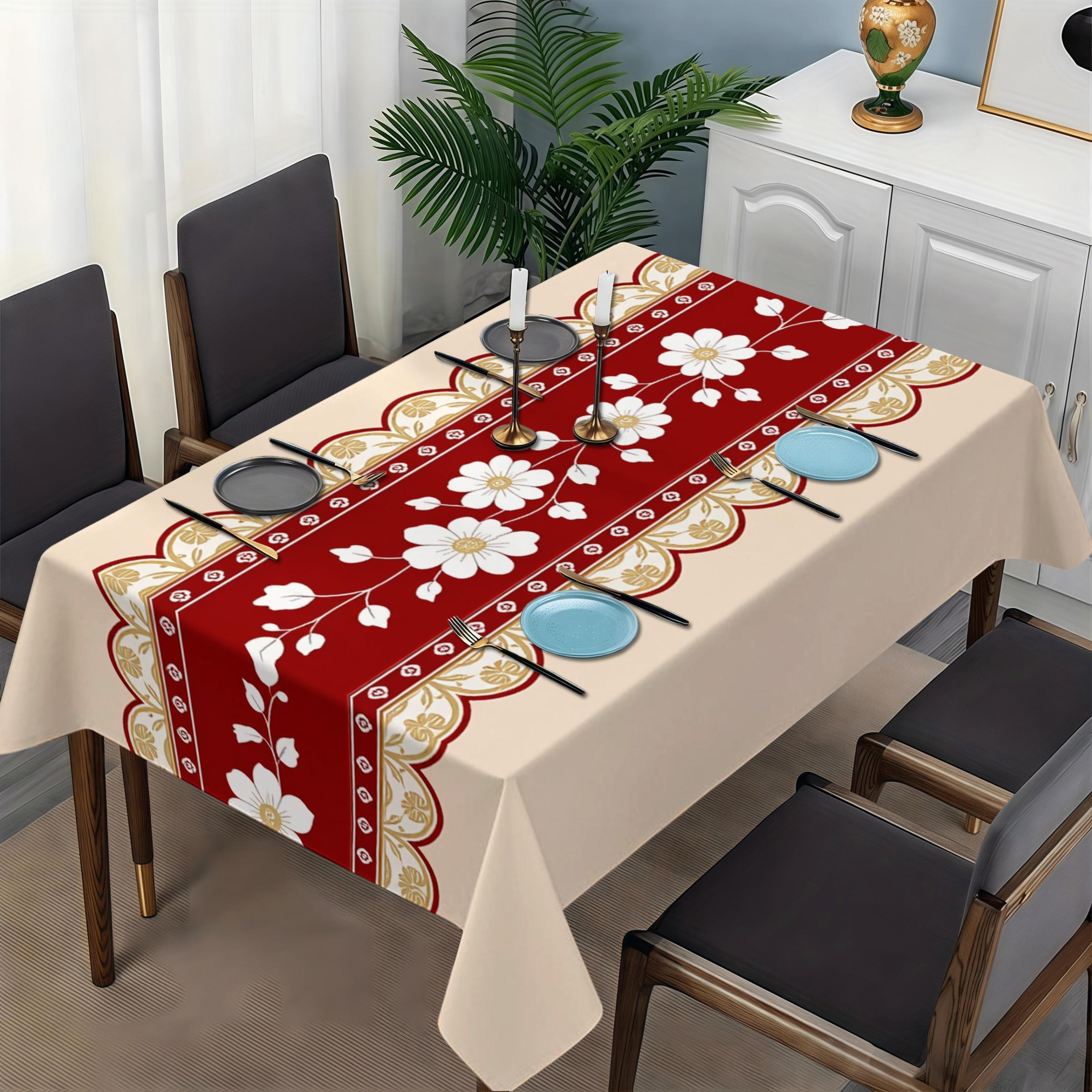 Rectangular Light Beige Tablecloth, with Red Floral-patterned Gold-bordered Table Runner, Perfect for Cozy Homey Dining Area, Elegant Design, Premium Fabric, Enhances Dining Ambiance