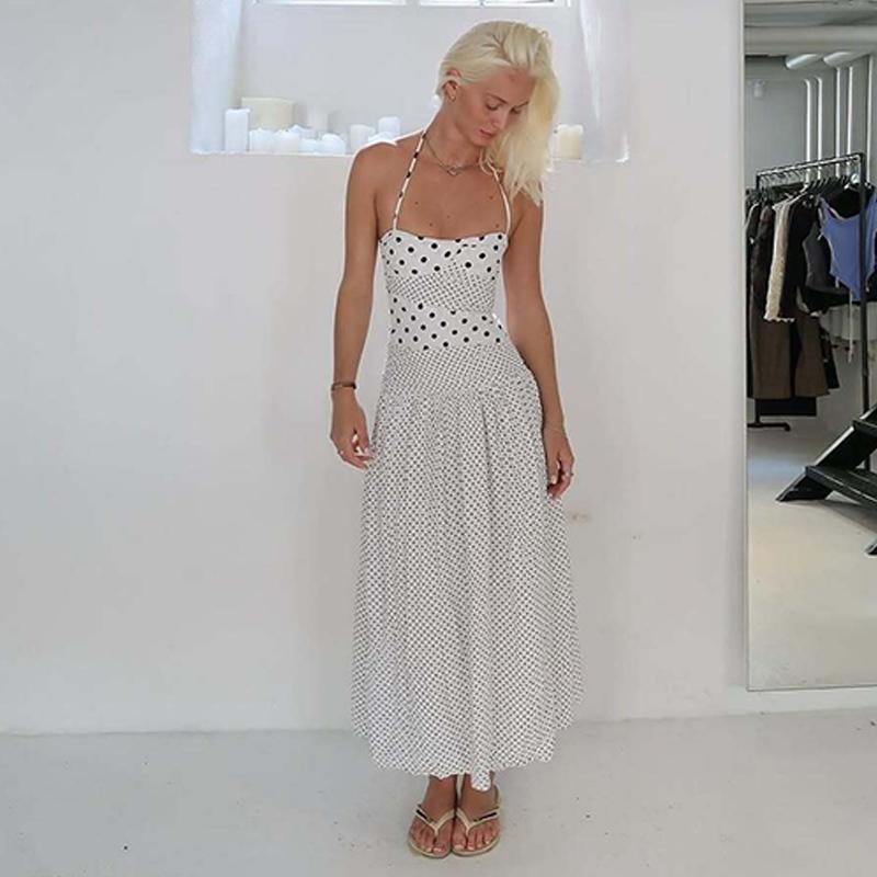 Women's Polka Dot Print Tie-neck Halter Dress, Bust Twisted Ruched Sleeveless Backless A-line Slip Dress, Party Club Date Holiday Beach Vacation Daily Casual Sweet Cami Maxi Long Dresses For Ladies Summer Fashion Clothes Wear