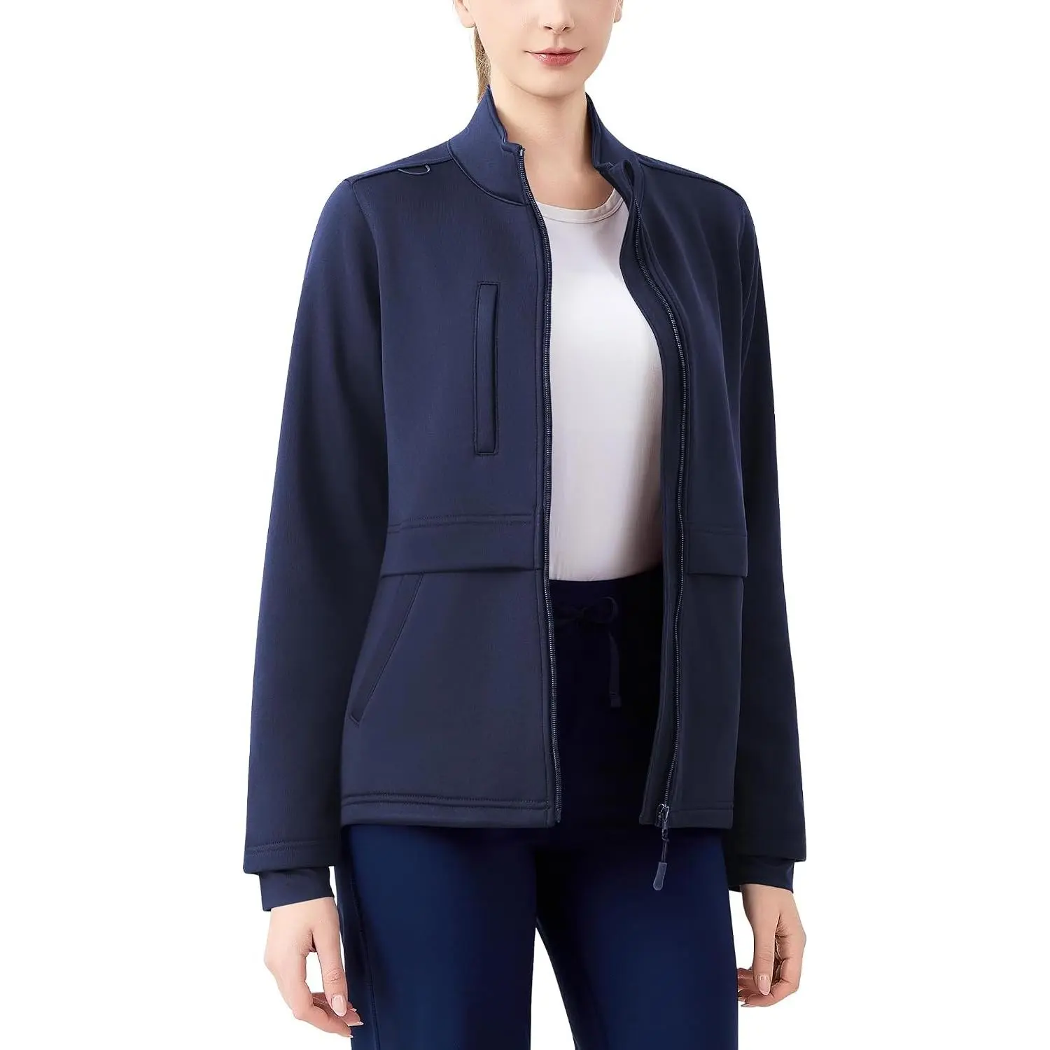 Women's Heavyweight Bonded Fleece Scrub Jacket, Warm Modern Fit Zip-up Front Uniform Coat with 5 Pockets
