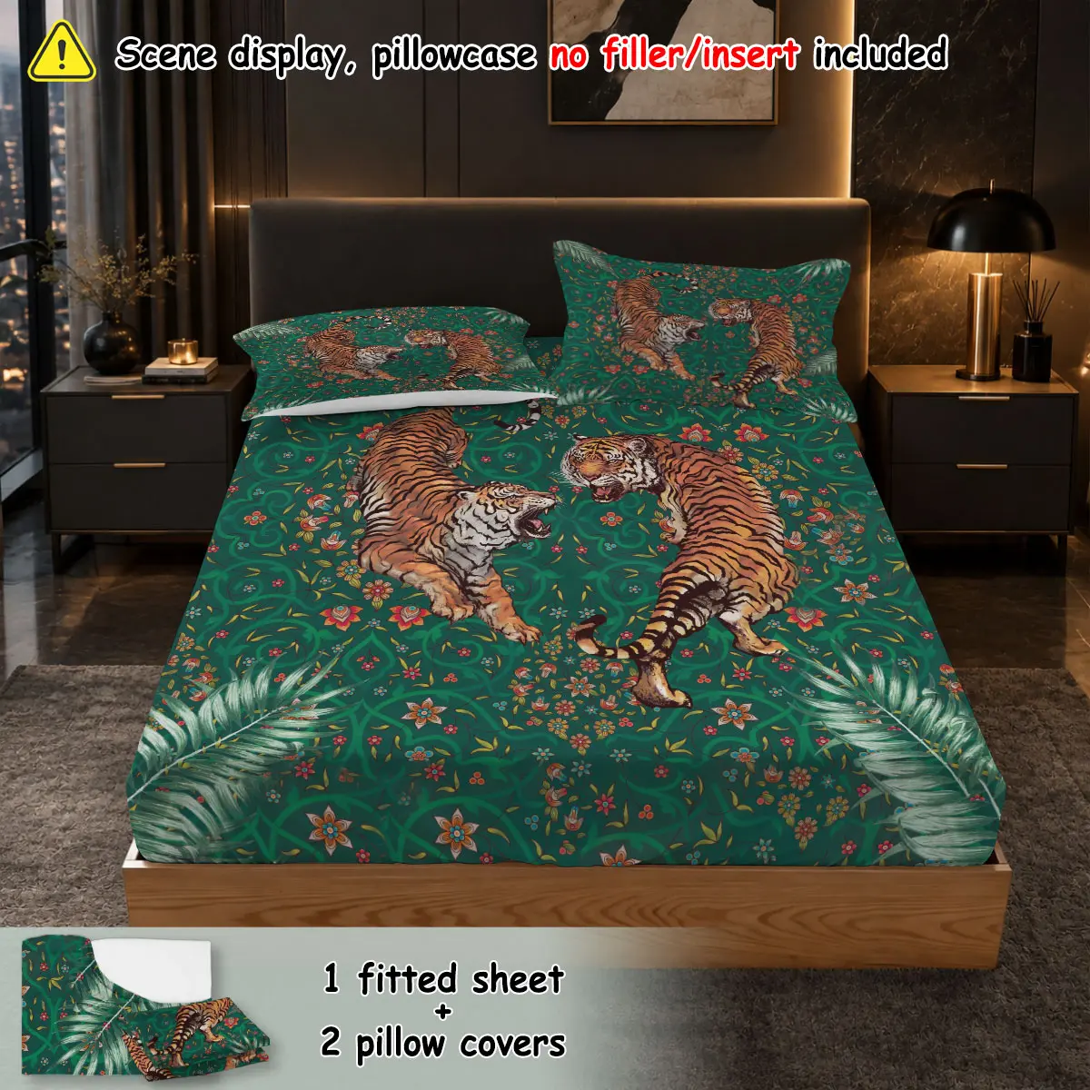 (1 fitted sheet + 2 pillowcases, no filler)Retro court tiger print,Polyester fitted sheet 3-piece bedding set, machine washable, anti-shrink & anti-deform, durable bedding supplies for bedroom and dormitory