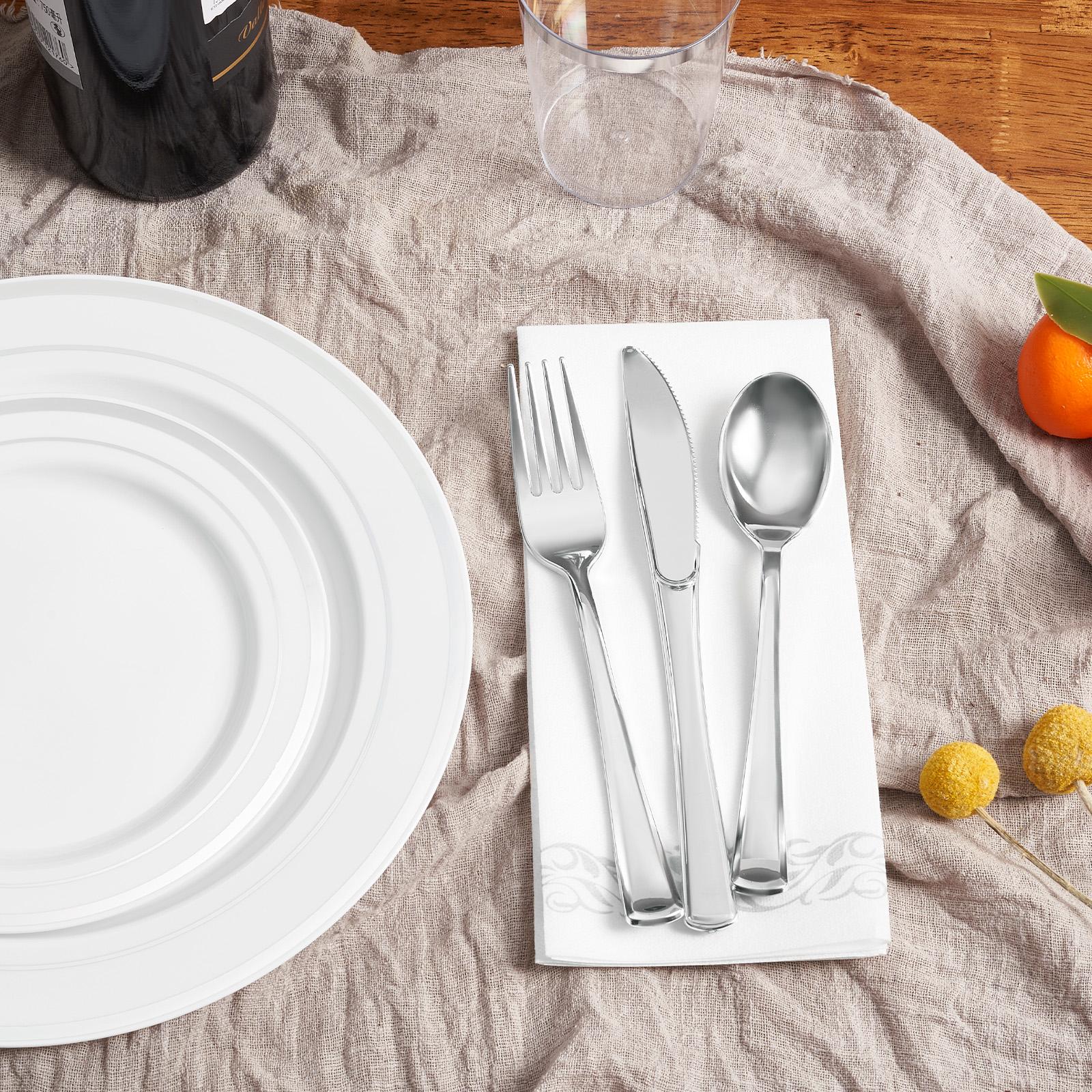 Kerilyn 350/700 Pcs Plastic Plates Disposable Silverware and cups, Disposable Party Plates for 50 Guests, Include: 100 Plastic Plates, 50 Pre Rolled Napkins with Gold Silverware, 50 Cups