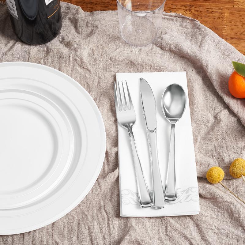 Kerilyn 350/700 Pcs Plastic Plates Disposable Silverware and cups, Disposable Party Plates for 50 Guests, Include: 100 Plastic Plates, 50 Pre Rolled Napkins with Gold Silverware, 50 Cups
