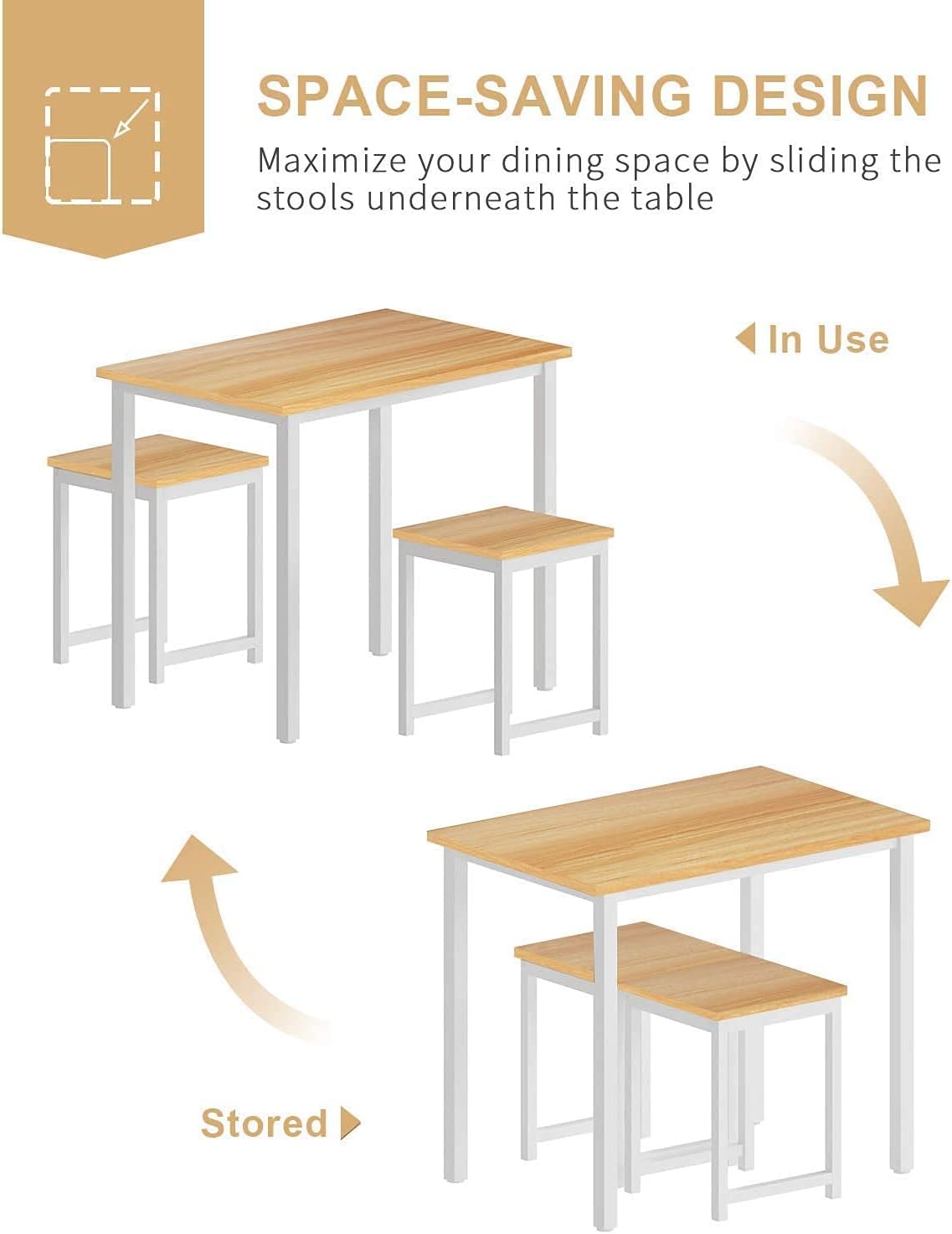 Hooseng 3-Piece Small Dining Table Set | Bistro Table with 2 Nesting Stools | Faux Wooden Top & White Metal Frame | Easy Assembly & All Tools Included | Compact Set for Small Spaces, Kitchen Nooks & Apartments
